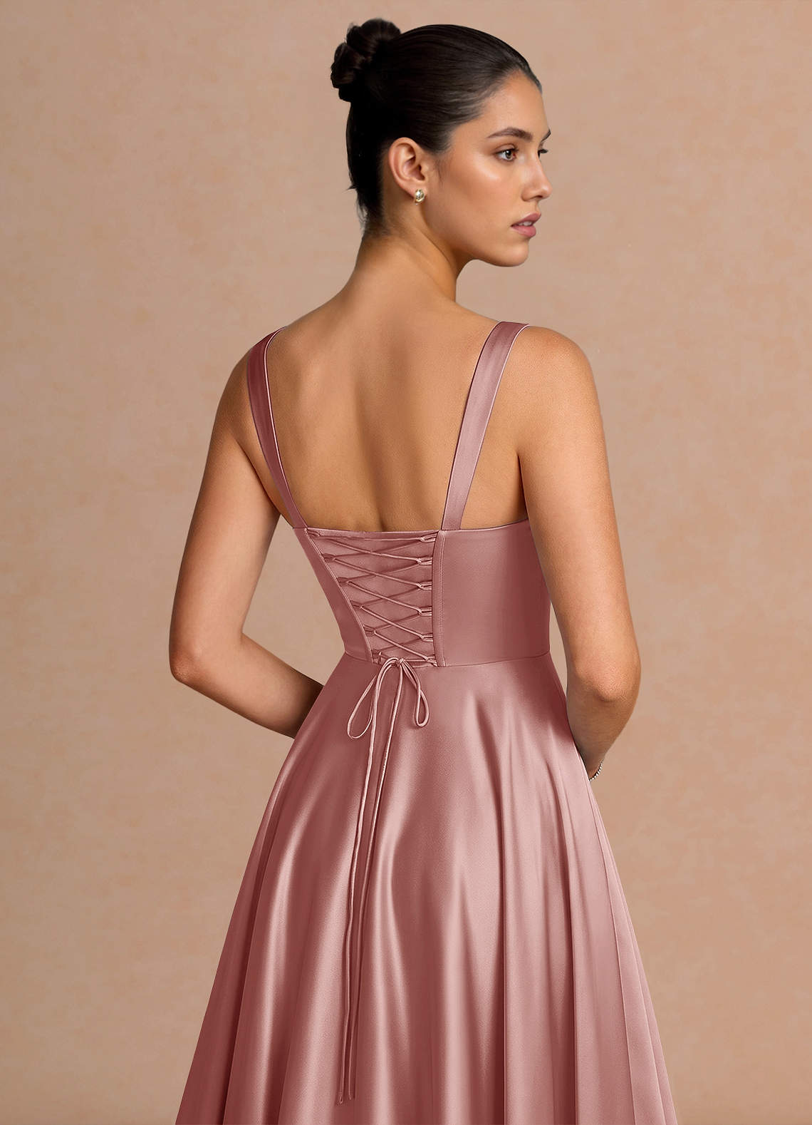 Azaria A-Line Square-Neck Stretch Satin Wedding Guest Dress in Dusty Pink