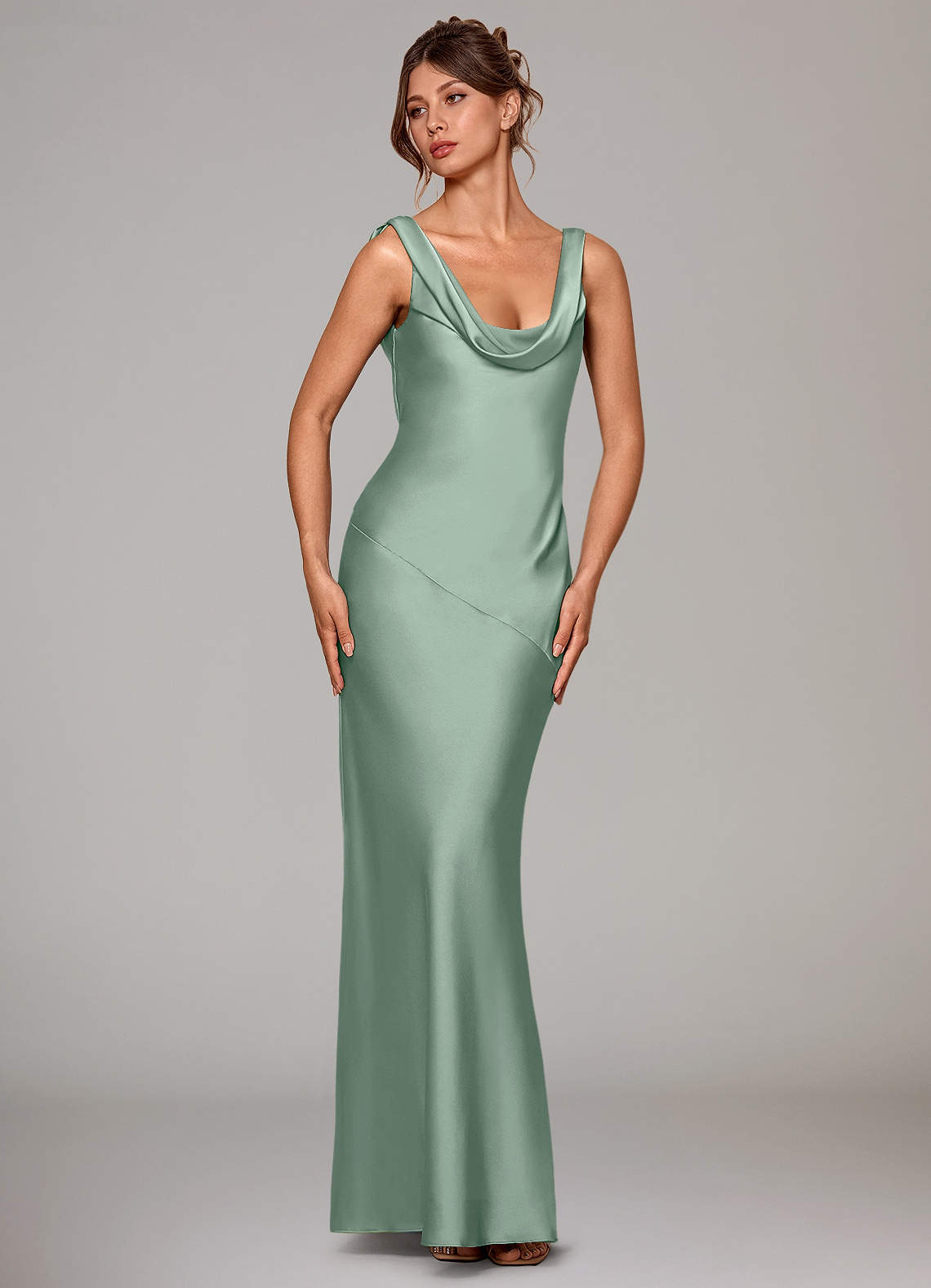 Rylina Mermaid Cowl-Neck Stretch Satin Bridesmaid Dress in Agave