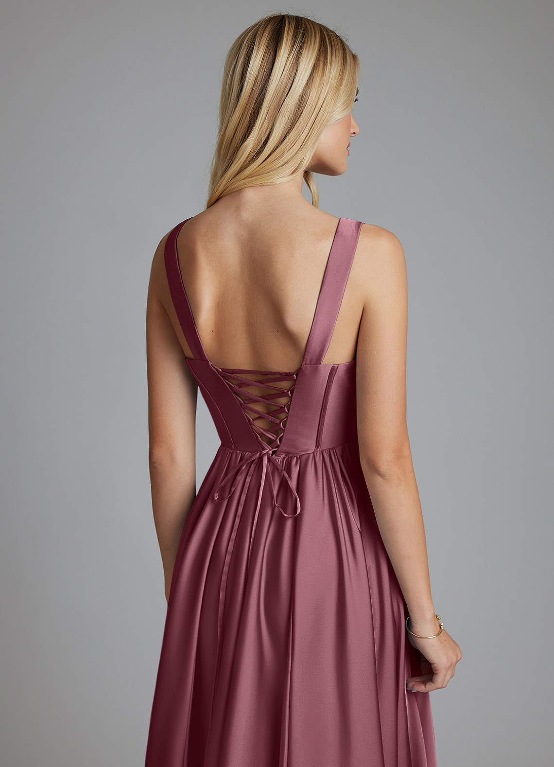 Delmie A-Line V-Neck Stretch Satin Bridesmaid Dress in Desert Rose