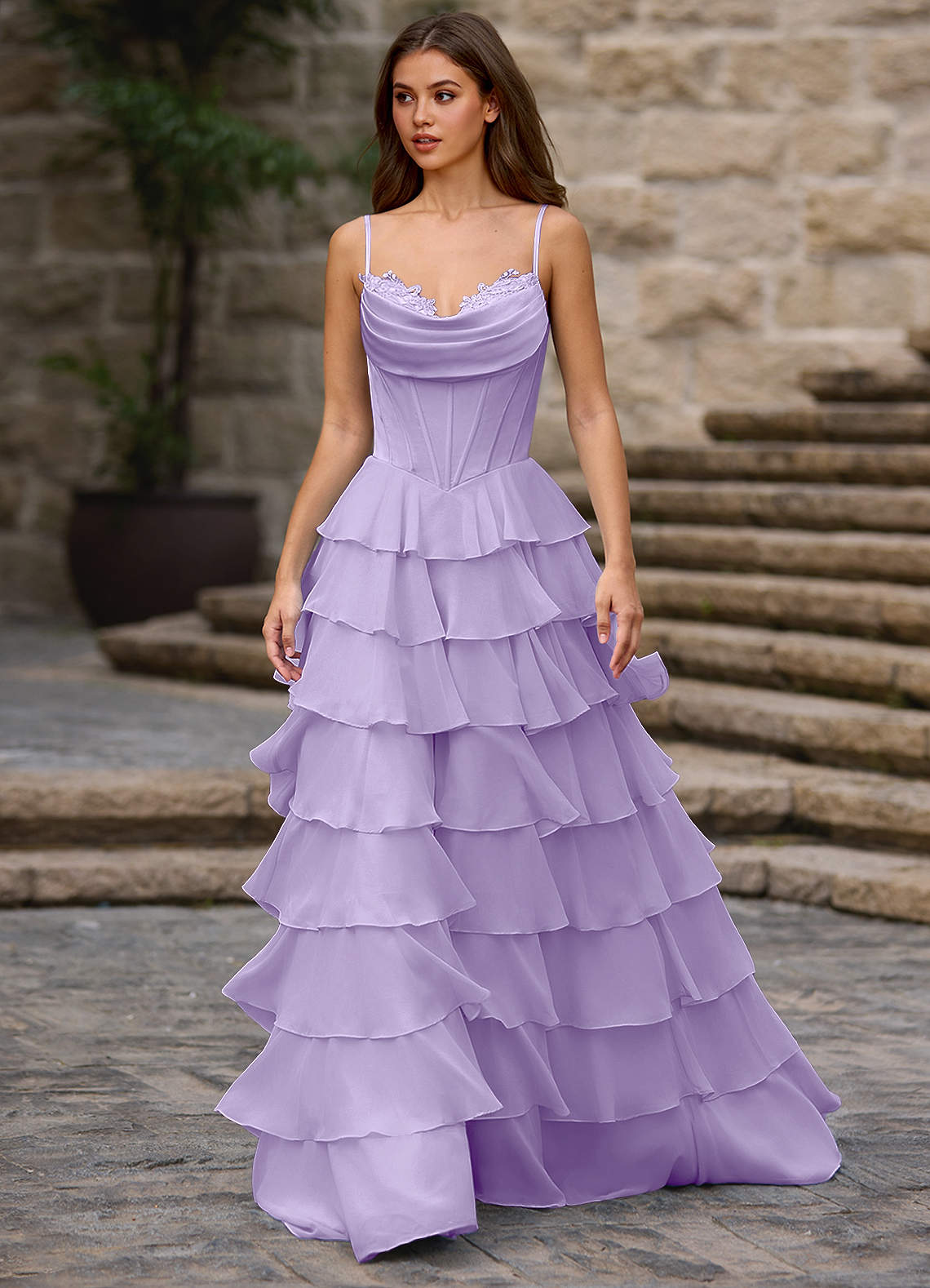 Floralace A-Line Ruffle Chiffon Evening Dress in Lilac