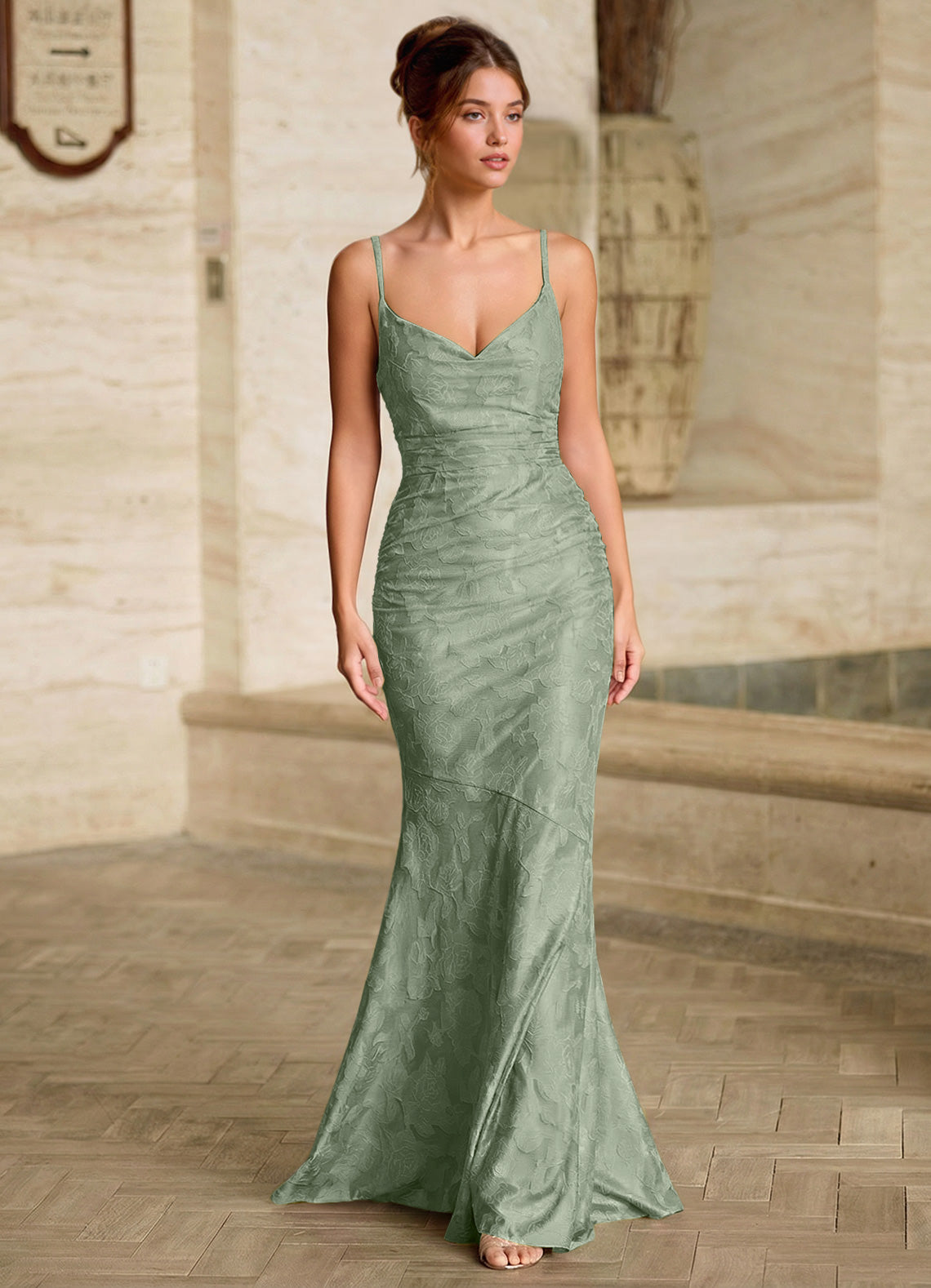 Leahenmo Mermaid Cowl-Neck Floral Burnout Prom Dress in Pistachio - photo 3
