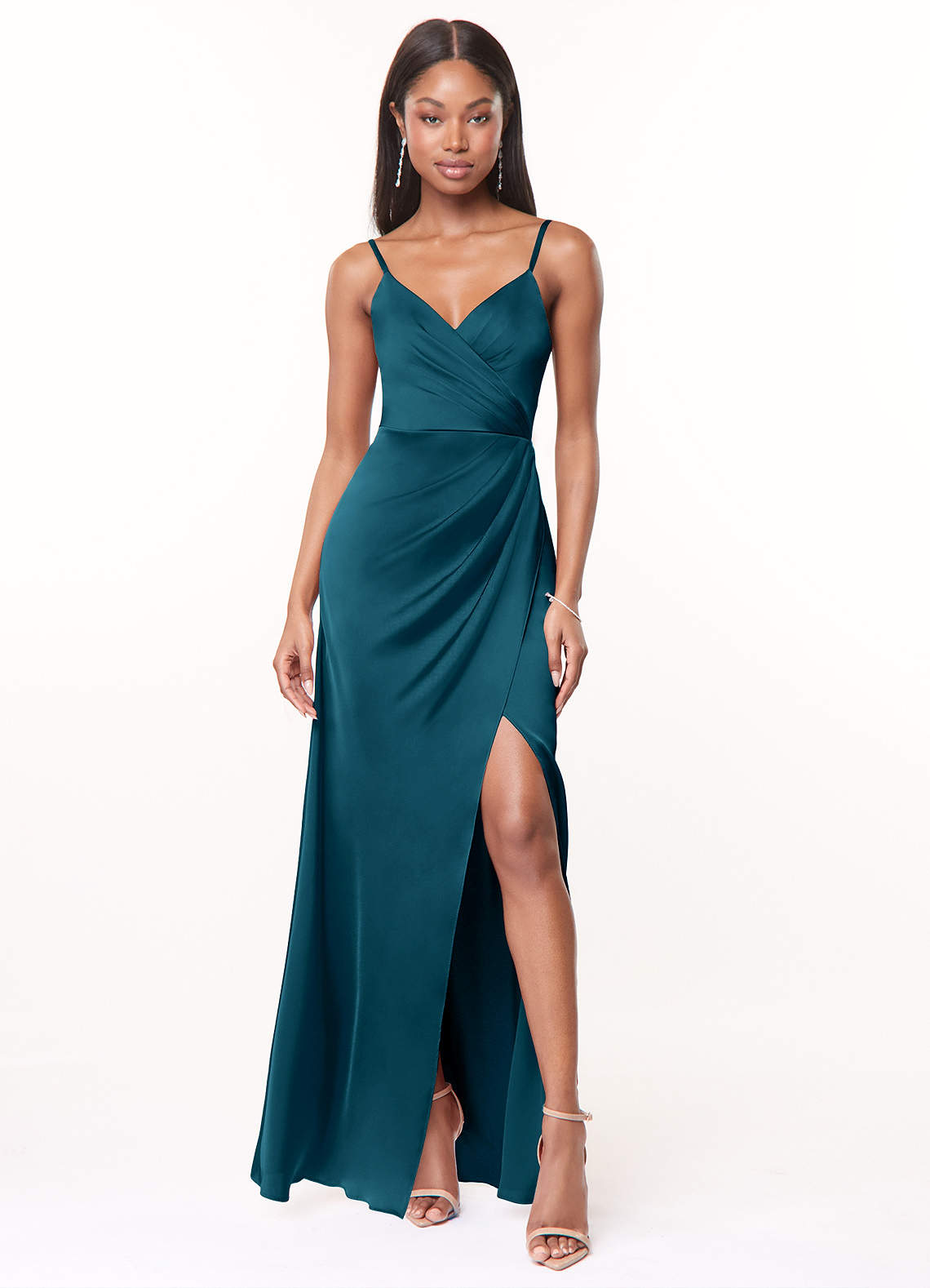 Maci A-Line V-Neck Stretch Satin Bridesmaid Dress in Ink Blue
