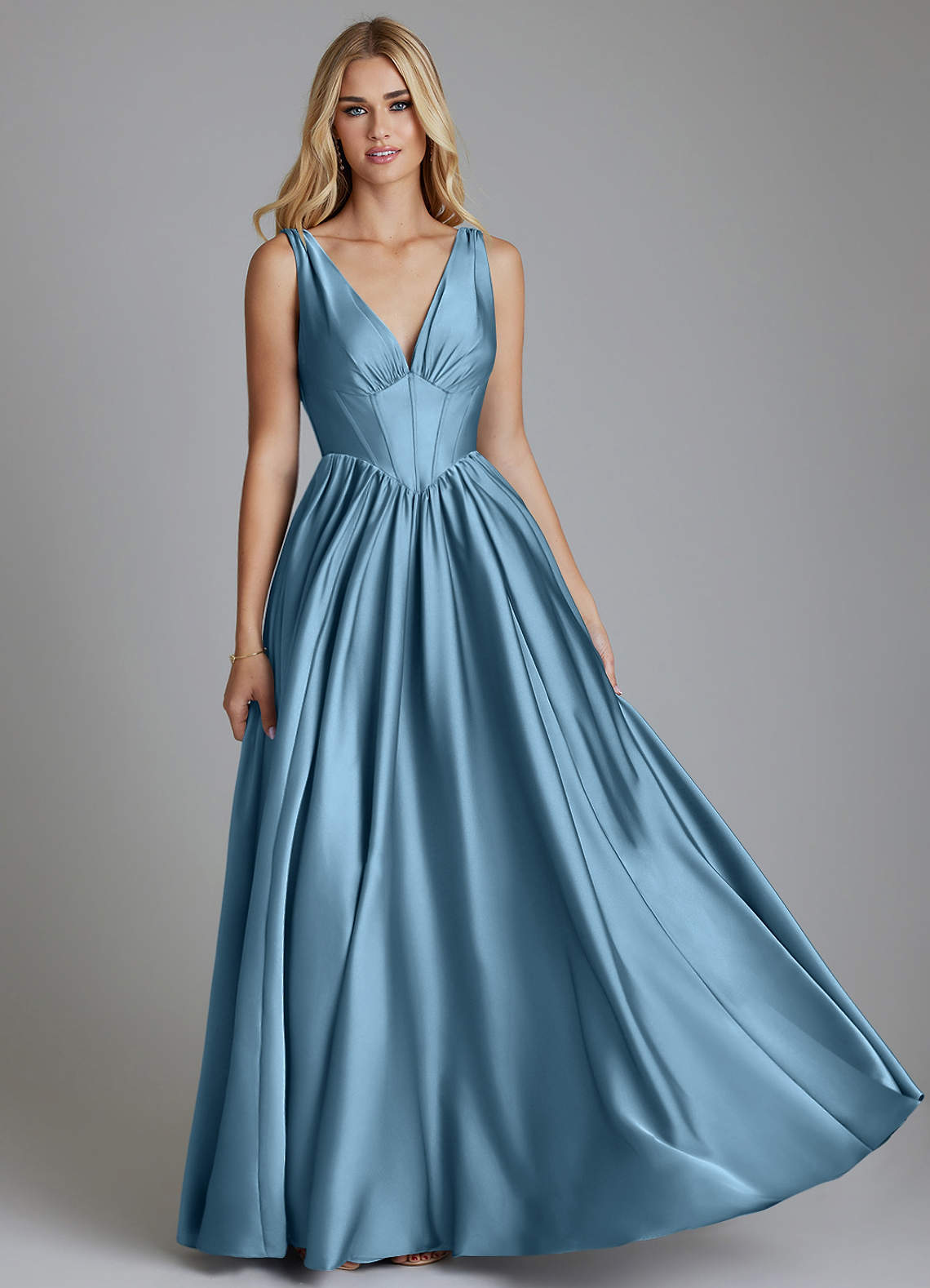 Delmie A-Line V-Neck Stretch Satin Bridesmaid Dress in Steel Blue