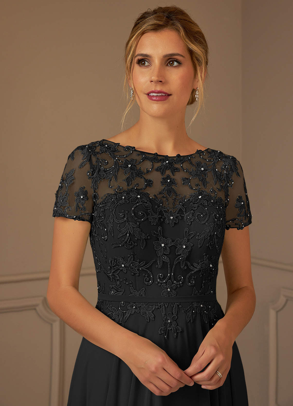 Adina A-Line Boat-Neck Chiffon Mother of the Bride Dress in black