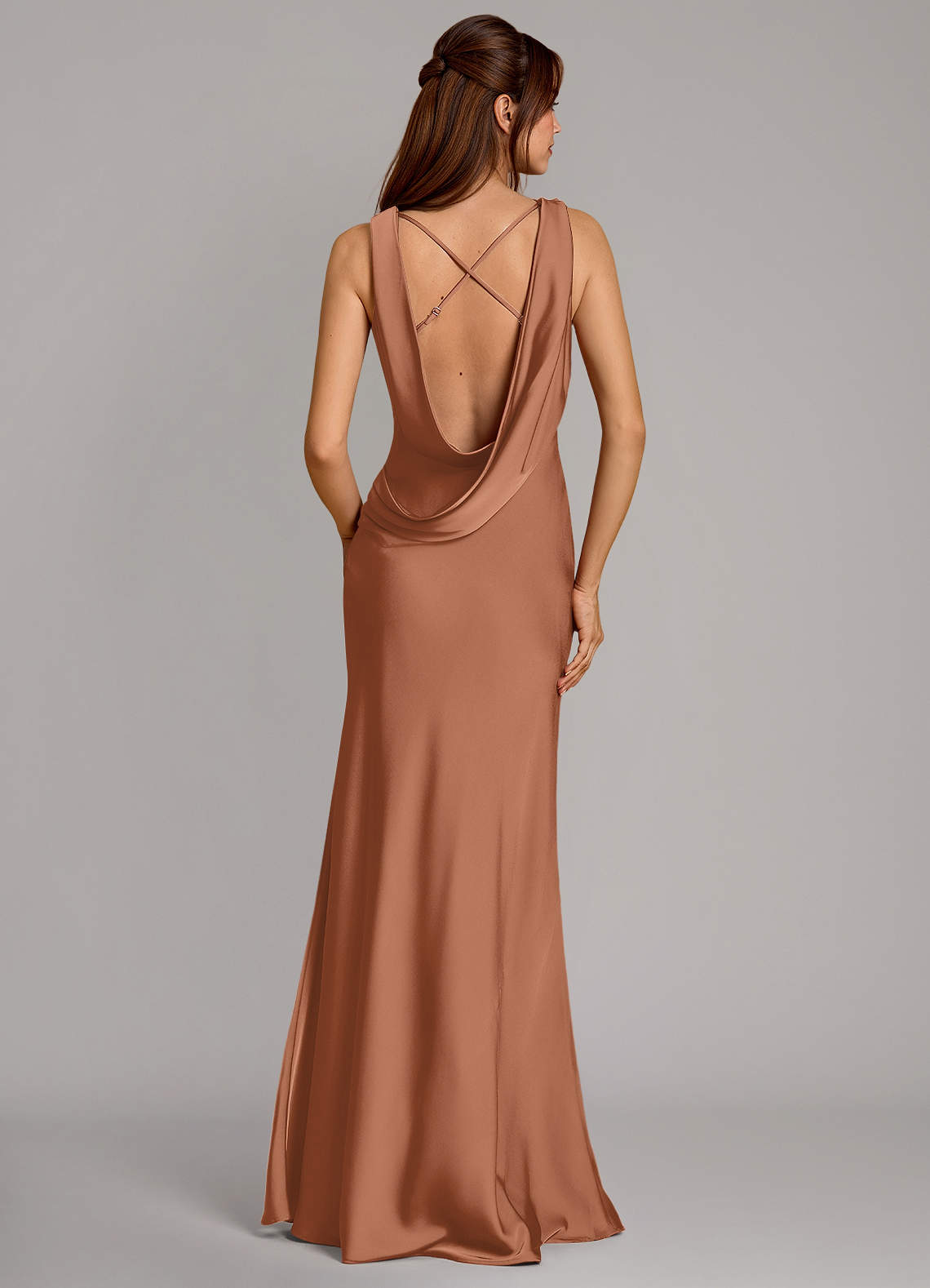 Cheryl Mermaid Cowl-Neck Stretch Satin Bridesmaid Dress in Bronzer