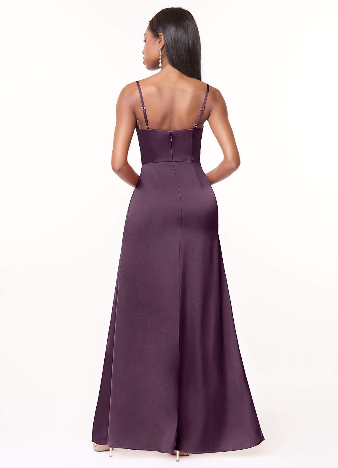 Maci A-Line V-Neck Stretch Satin Bridesmaid Dress in Plum