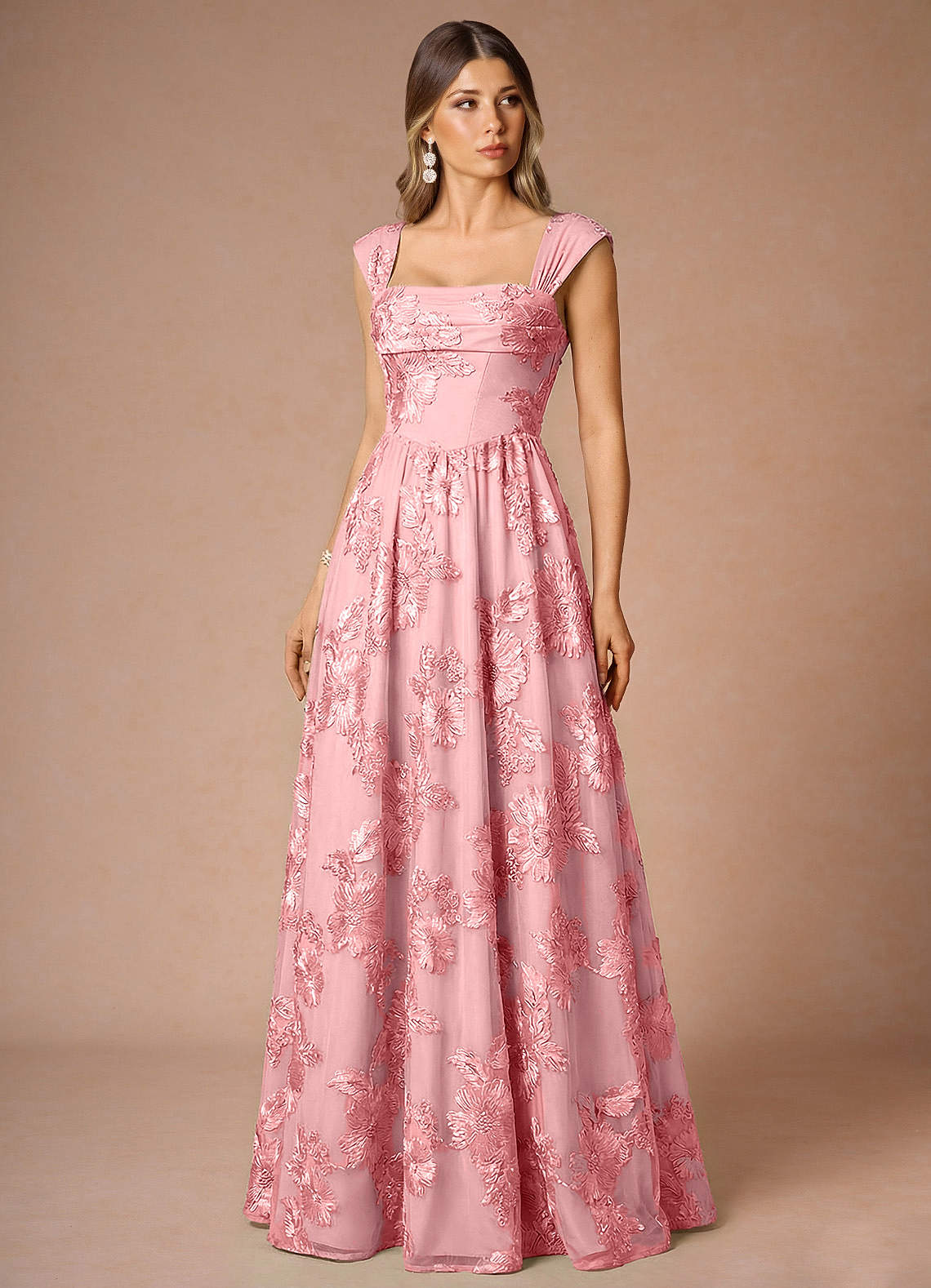 Hazel A-Line Cowl-Neck Floral Mesh Wedding Guest Dress in Burgundy