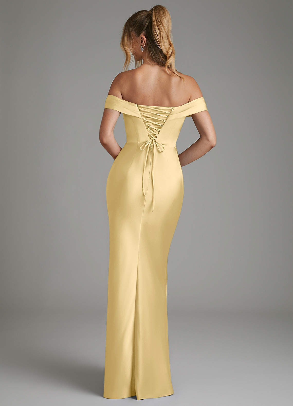 Hayden Mermaid Off-the-Shoulder Stretch Satin Bridesmaid Dress in Butter