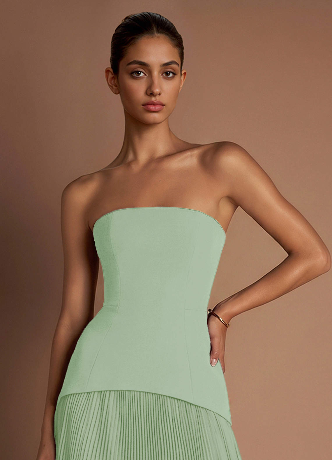 Marnie A-Line Corset Crepe Chiffon Evening Dress in Light Green