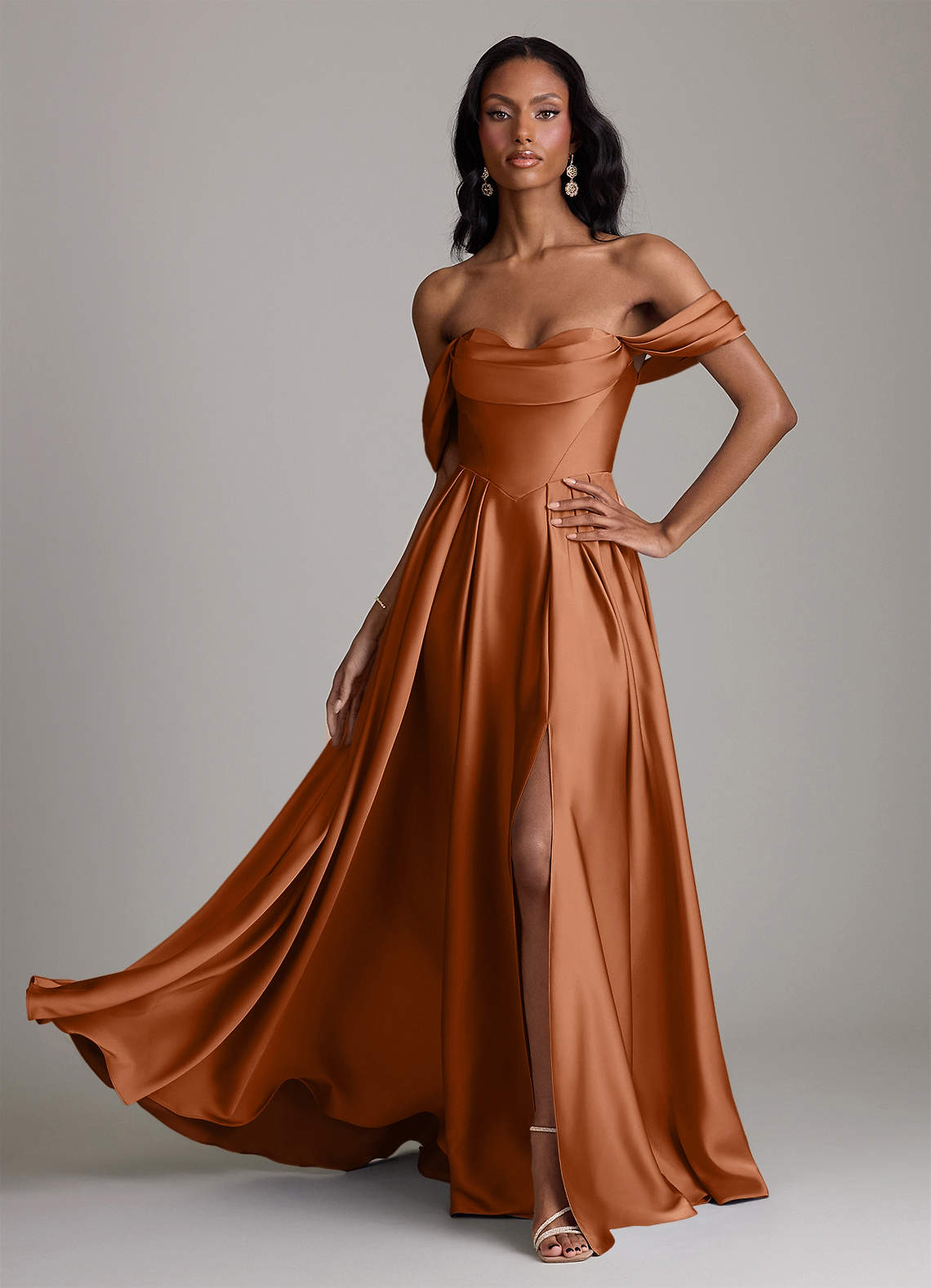 Loisa A-Line Off-the-Shoulder Stretch Satin Bridesmaid Dress in Copper