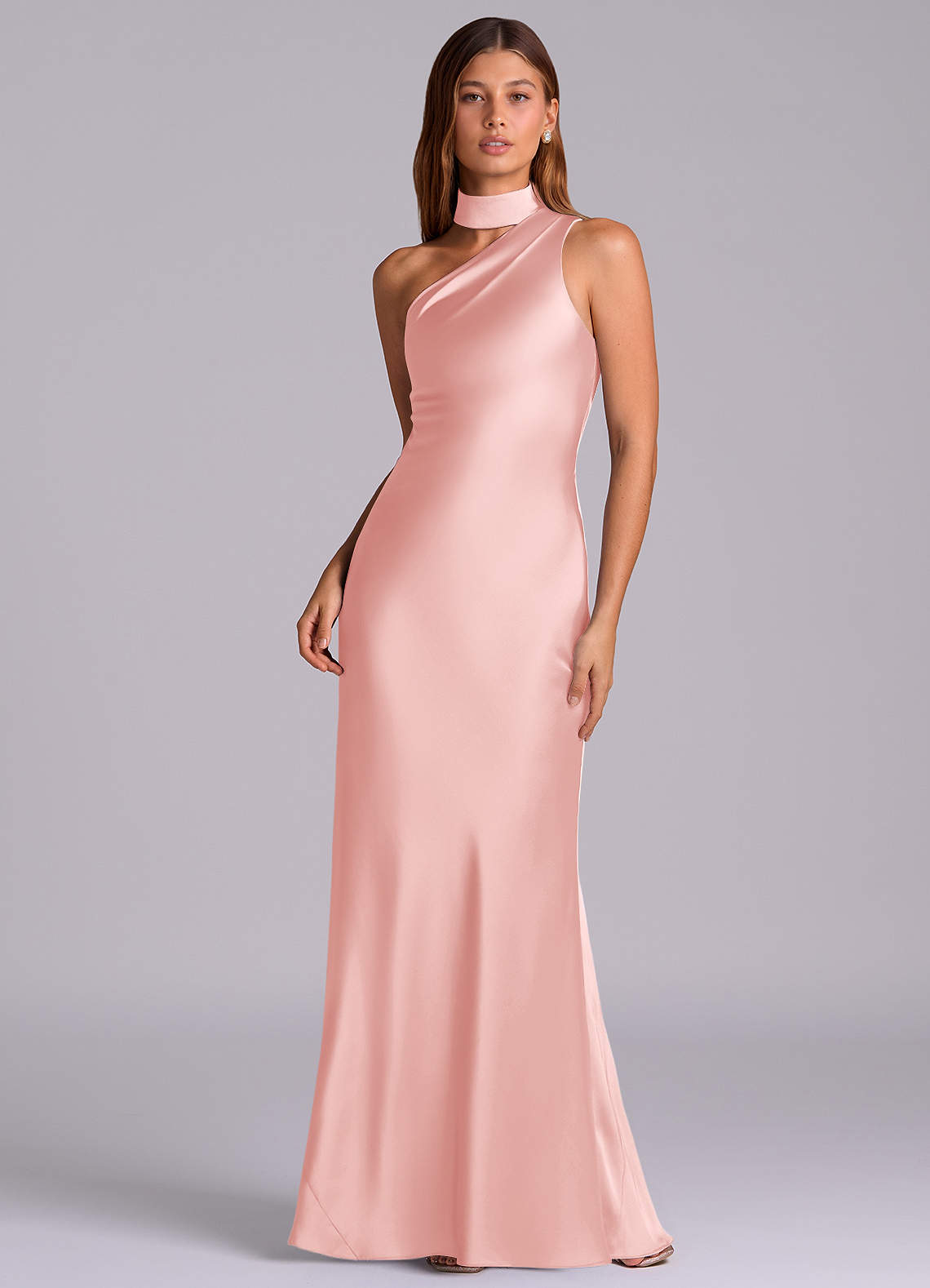 Seona Mermaid One-Shoulder Stretch Satin and Tulle Bridesmaid Dress in Powder Pink