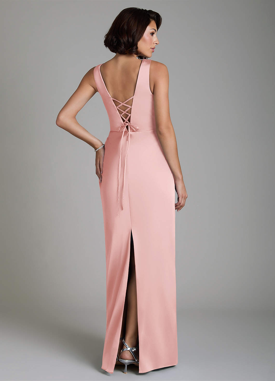 Vanya Sheath V-Neck Stretch Satin Bridesmaid Dress in Powder Pink