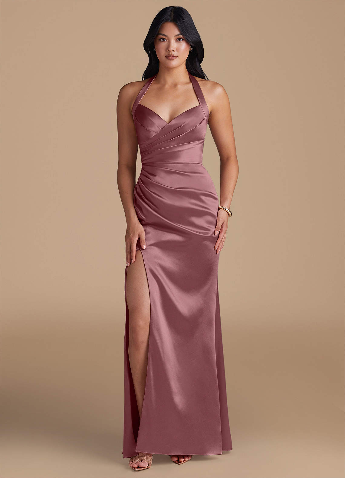 Emeria Sheath Halter Metallic Satin Bridesmaid Dress in Vintage Mauve