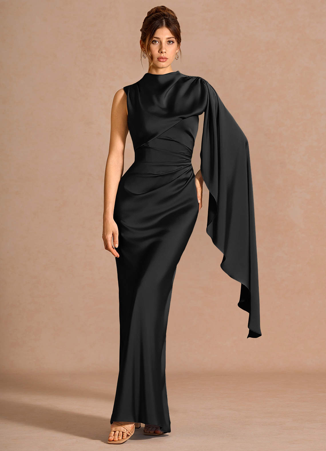 Chesney Cape-Sleeve Pleated Stretch Satin Wedding Guest Dress in black