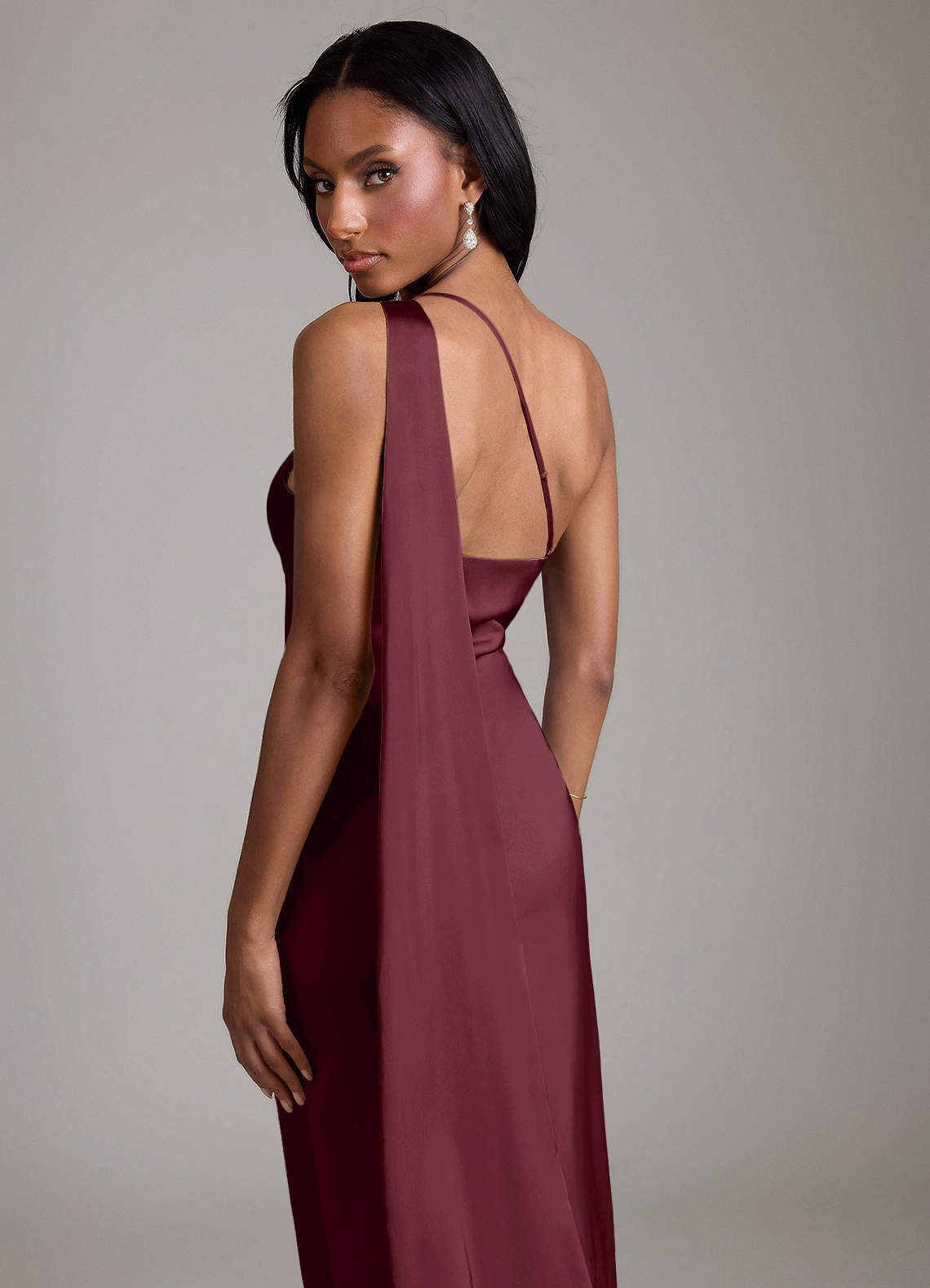 Juniper Mermaid One-Shoulder Stretch Satin Bridesmaid Dress in Cabernet
