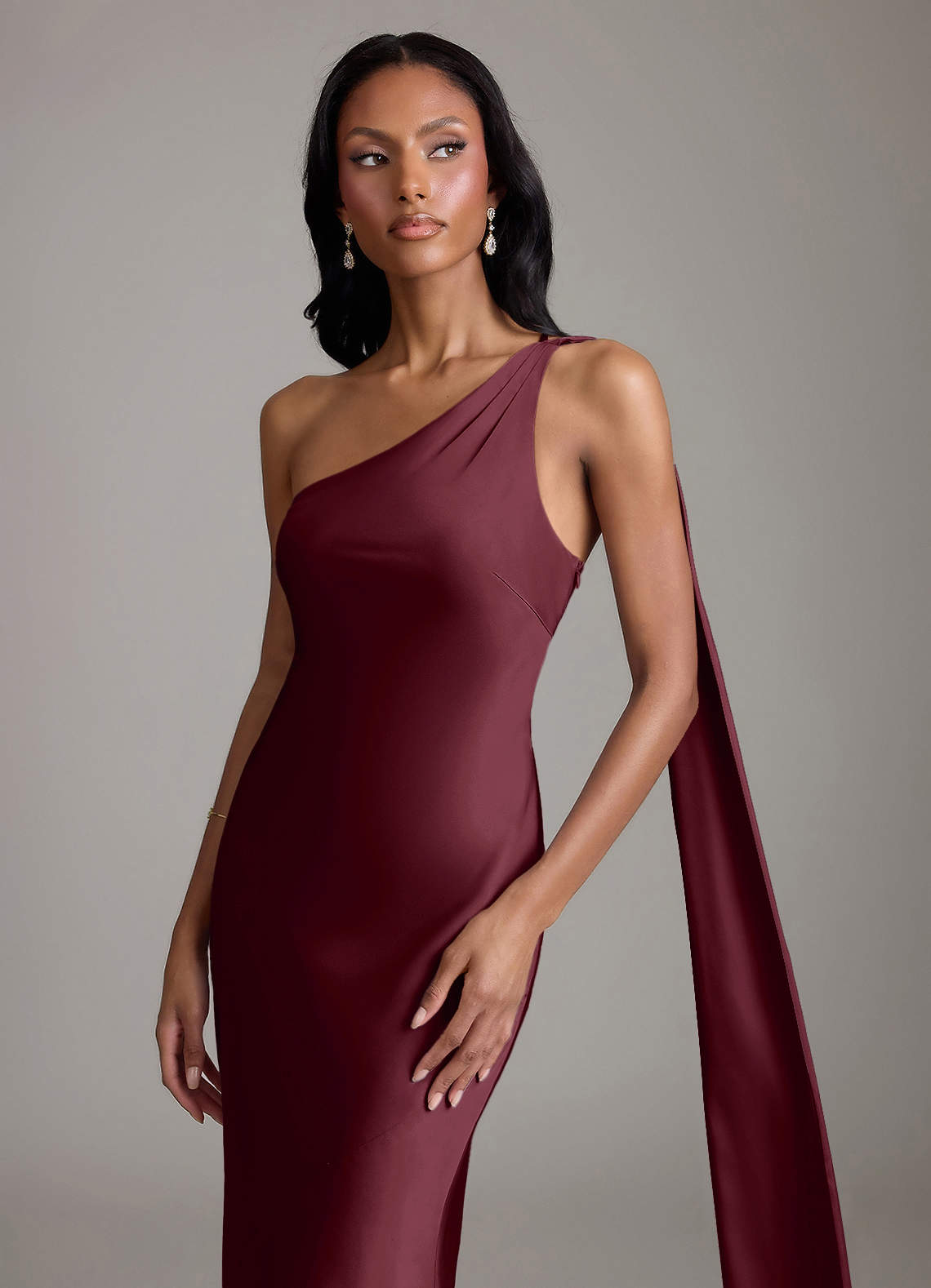 Juniper Mermaid One-Shoulder Stretch Satin Bridesmaid Dress in Cabernet