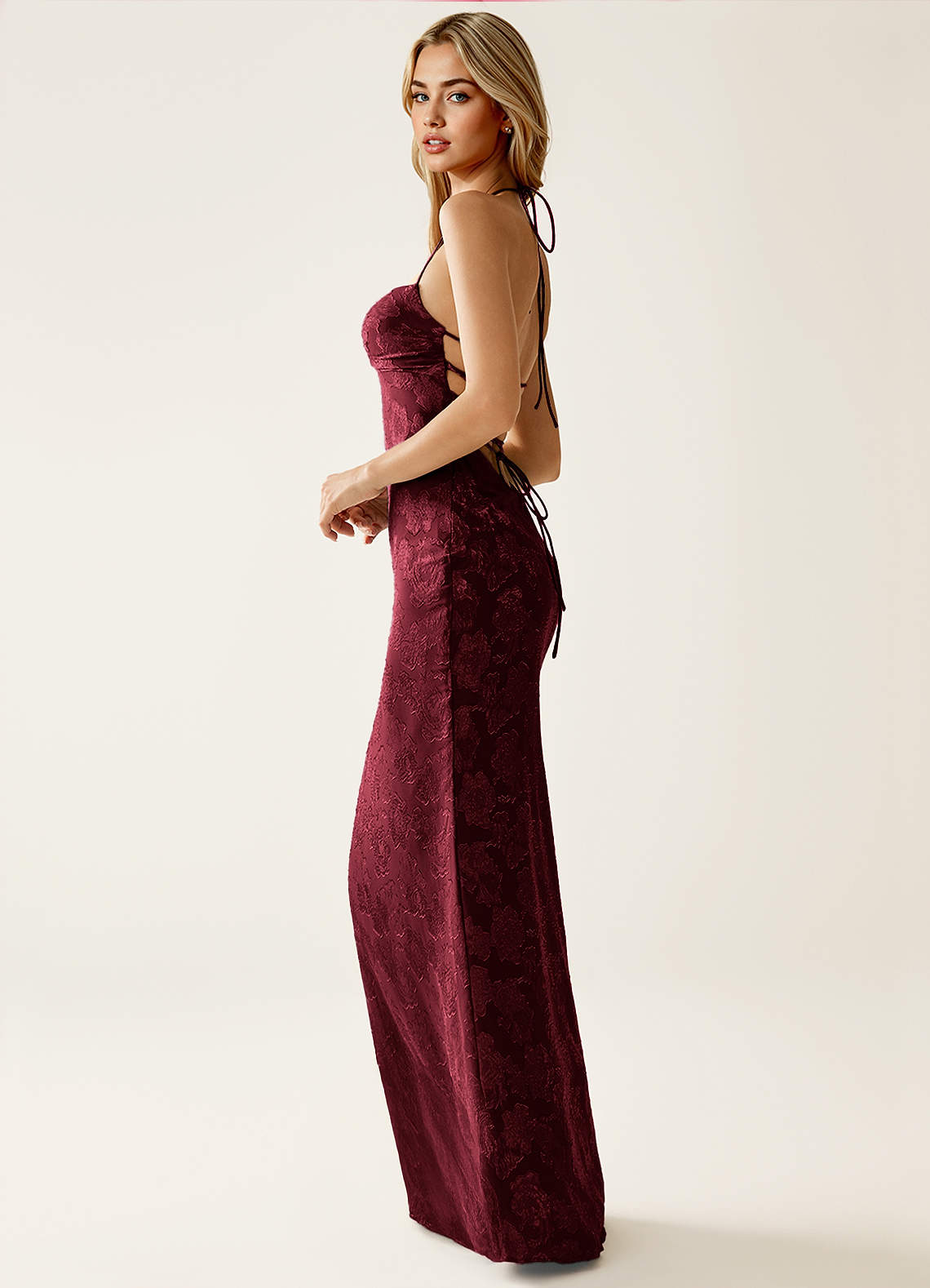 Angena Sheath Halter Floral Burnout Evening Dress in Wine