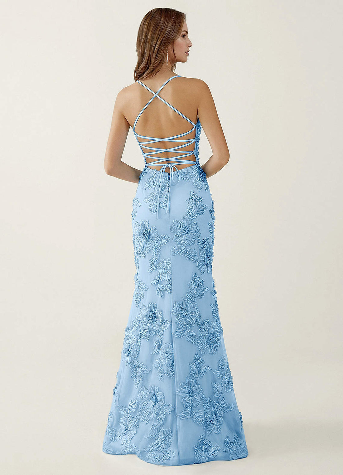 Bellatrix Mermaid Spaghetti-Strap Stretch Lace Evening Dress in Sky Blue