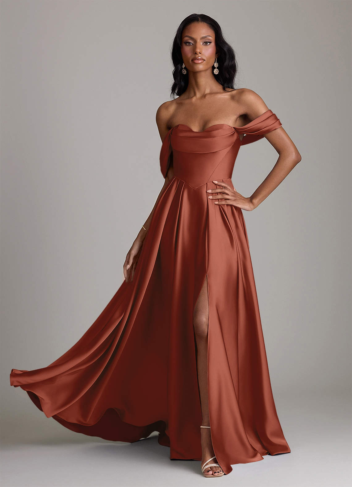 Loisa A-Line Off-the-Shoulder Stretch Satin Bridesmaid Dress in Auburn