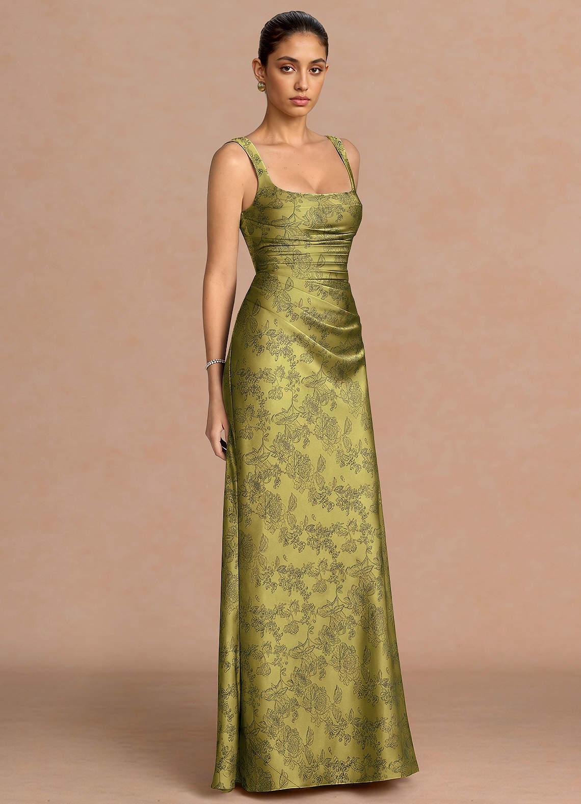 Agustina Square-Neck Pleated Jacquard Evening Dress in Moss Navy