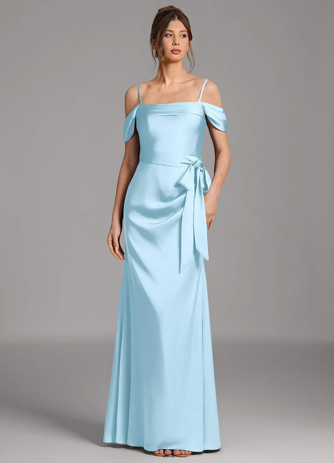 Wyatt Mermaid Off-the-Shoulder Stretch Satin Bridesmaid Dress in Sky Blue