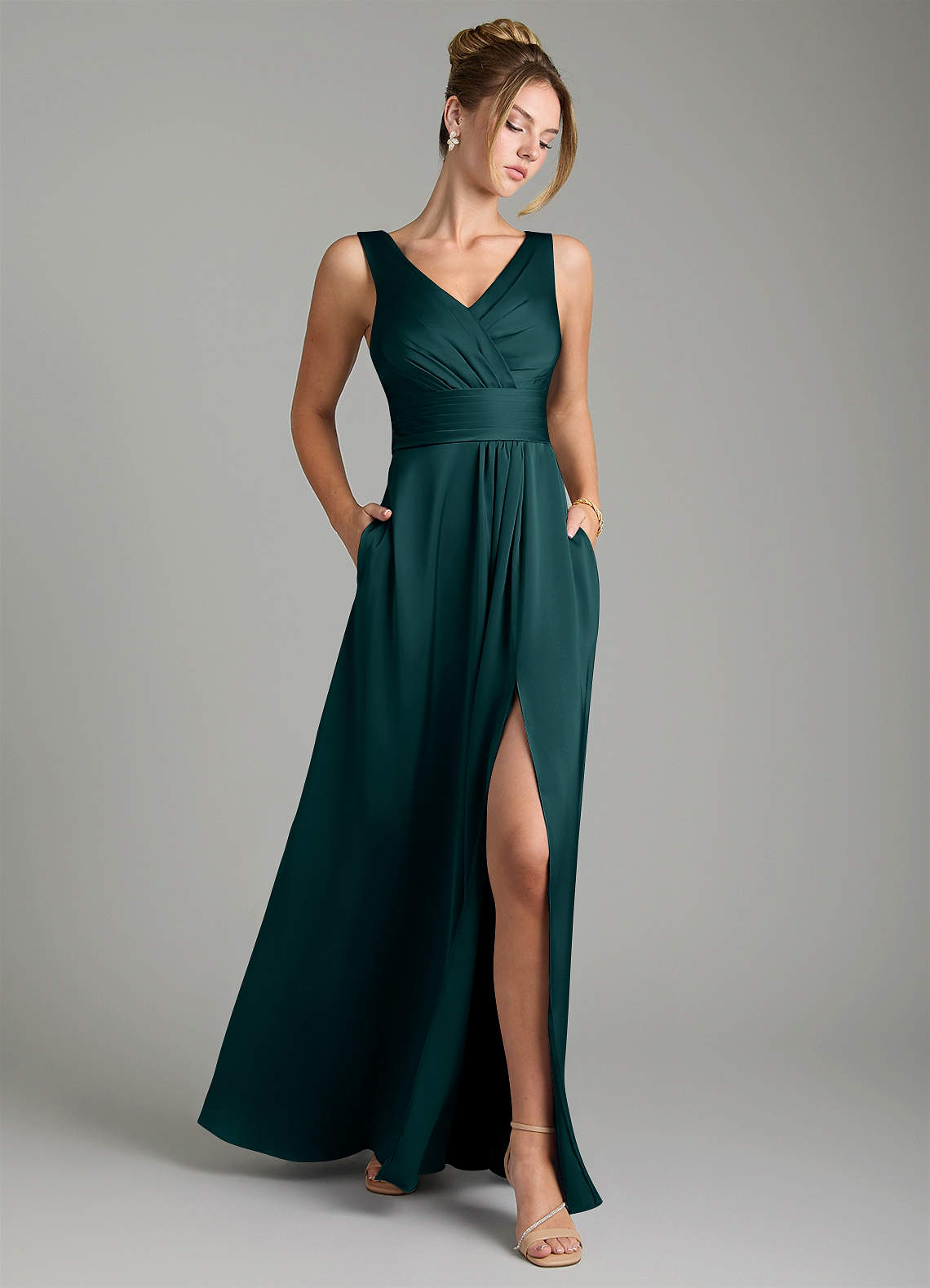 Karina A-Line V-Neck Stretch Satin Bridesmaid Dress in Pine