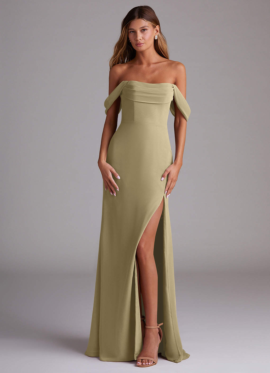 Saige A-Line Off-the-Shoulder Chiffon Bridesmaid Dress in Moss Green