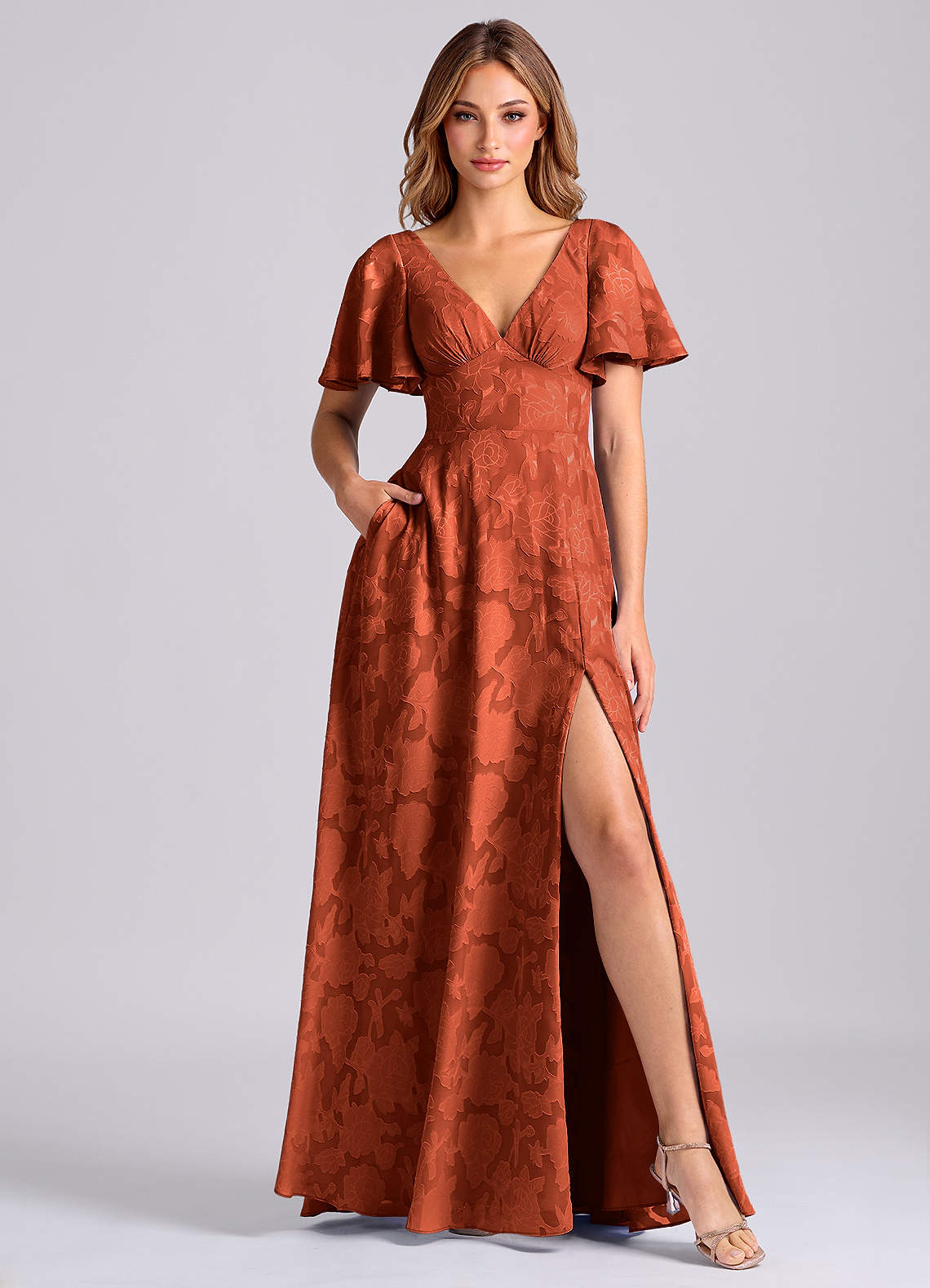 Kimber A-Line V-Neck Floral Burnout Bridesmaid Dress in Auburn