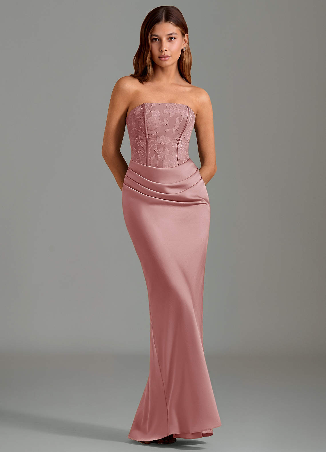 Emilia Mermaid Strapless Stretch Satin and Floral Burnout Bridesmaid Dress in dusty rose