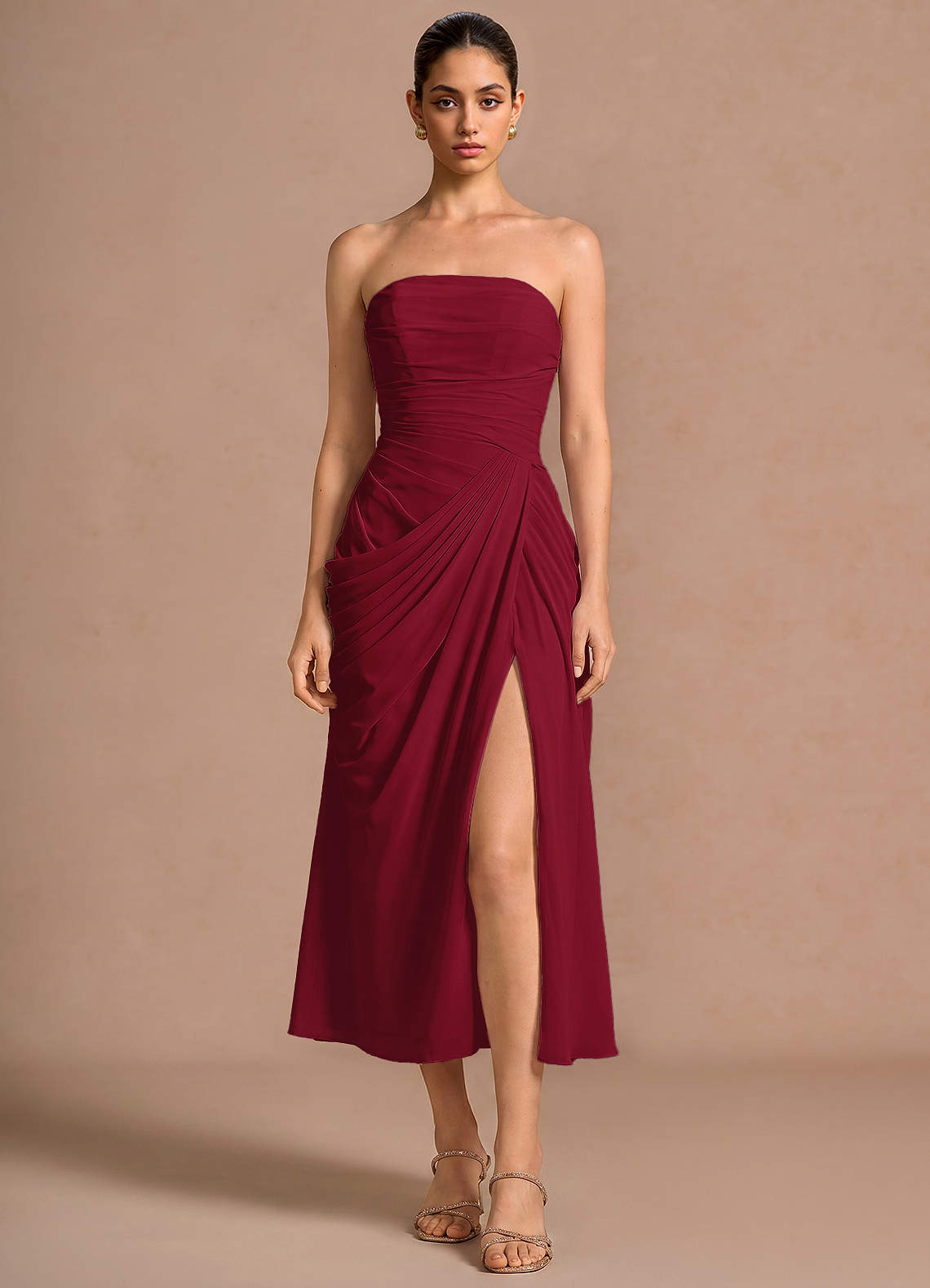 Kaavia Column Pleated Chiffon Midi Evening Dress in Merlot