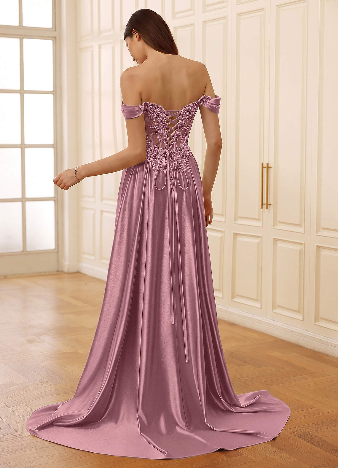 Rowane A-Line Off-the-Shoulder Satin Evening Dress in Dusty Pink