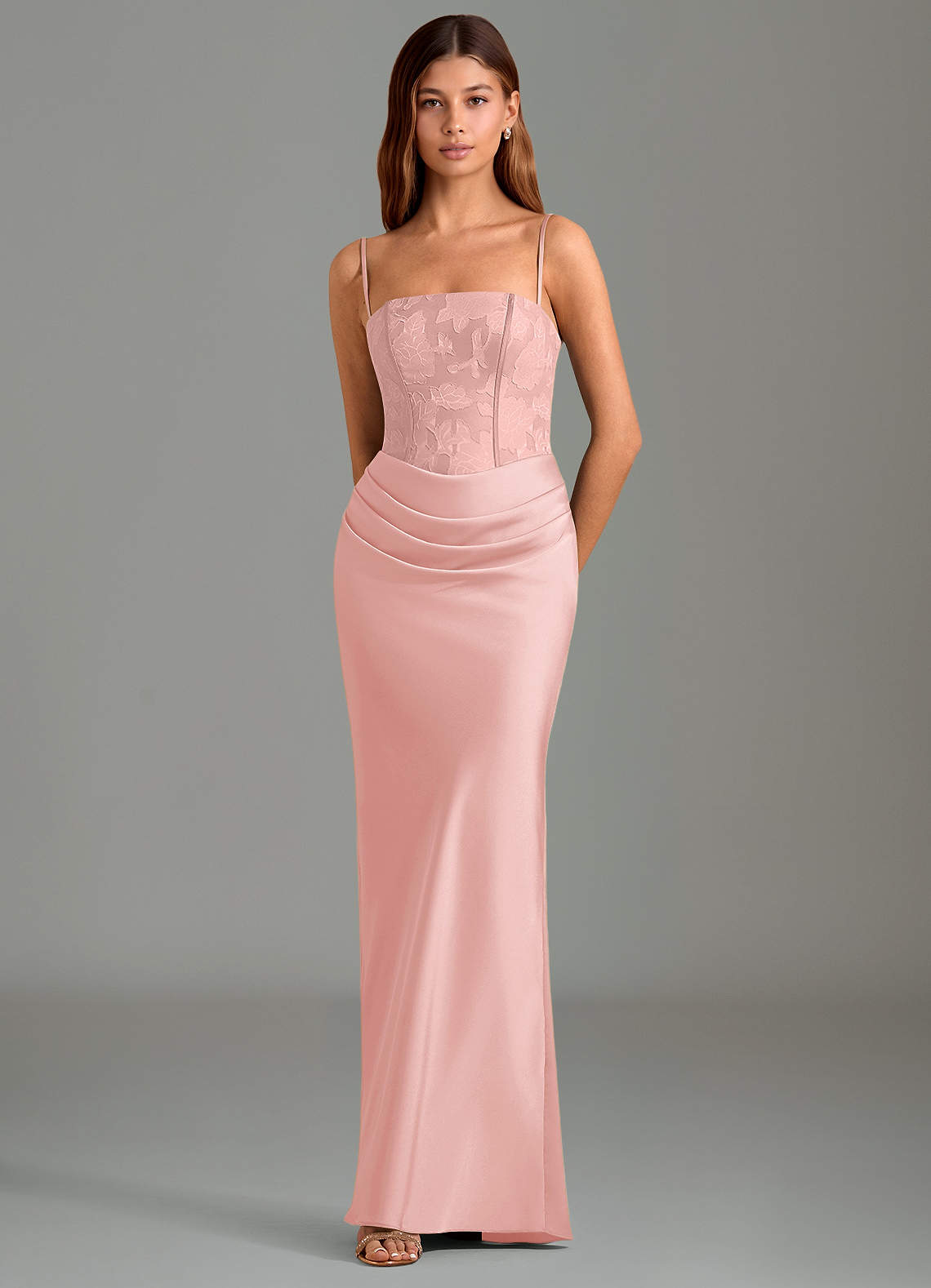 Emilia Mermaid Strapless Stretch Satin and Floral Burnout Bridesmaid Dress in Powder Pink