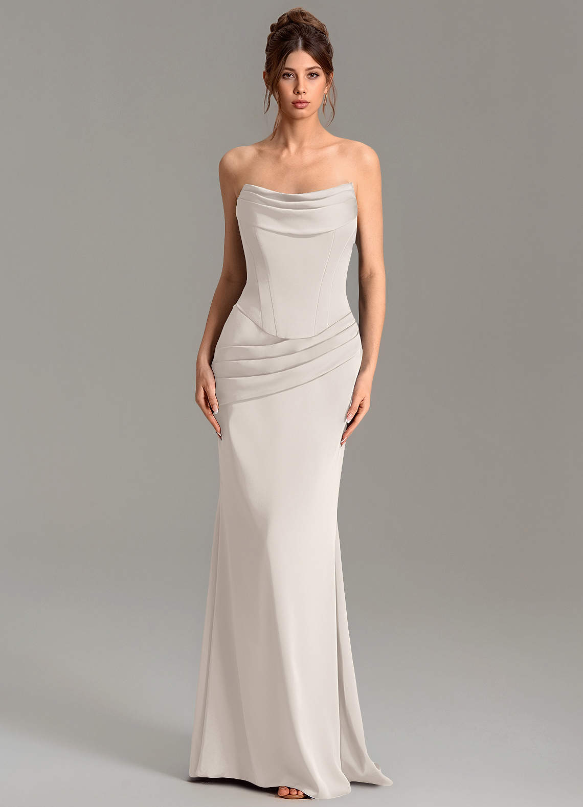 Adrienne Mermaid Cowl-Neck Stretch Satin Bridesmaid Dress in White Alabaster