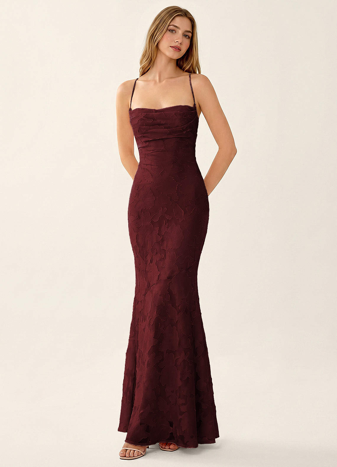 Natasha Mermaid Spaghetti-Strap Floral Burnout Evening Dress in Wine