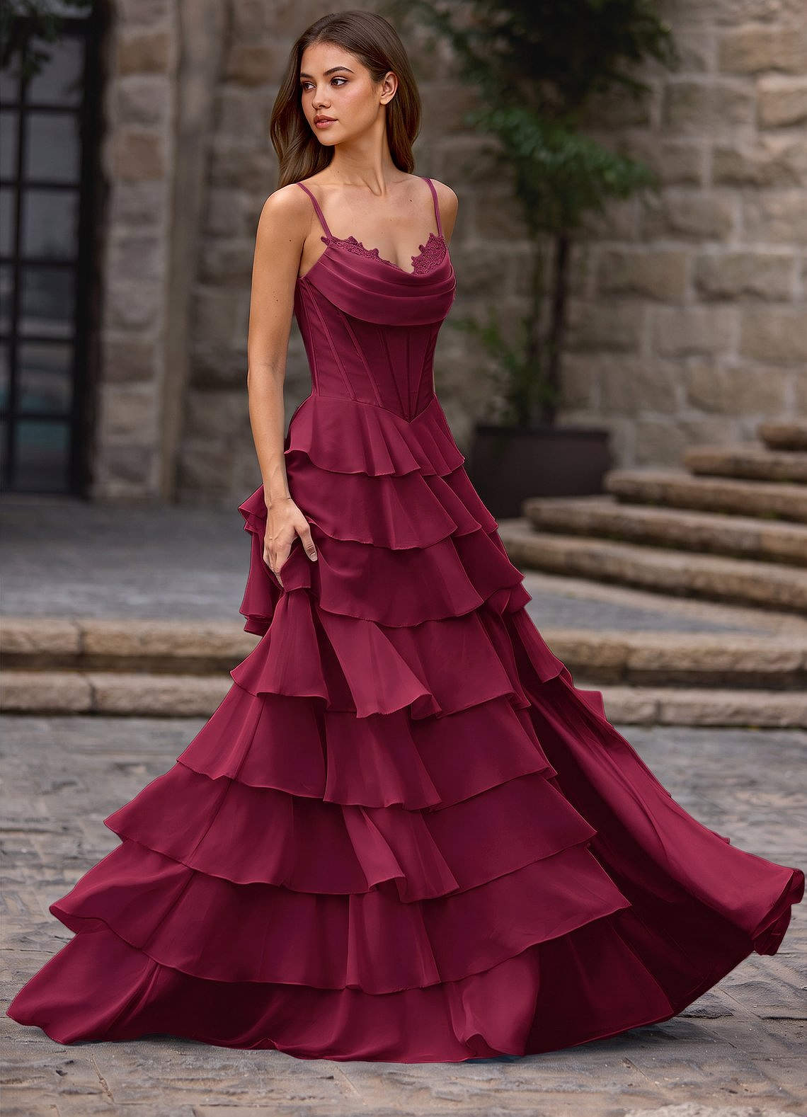Floralace A-Line Ruffle Chiffon Evening Dress in Merlot