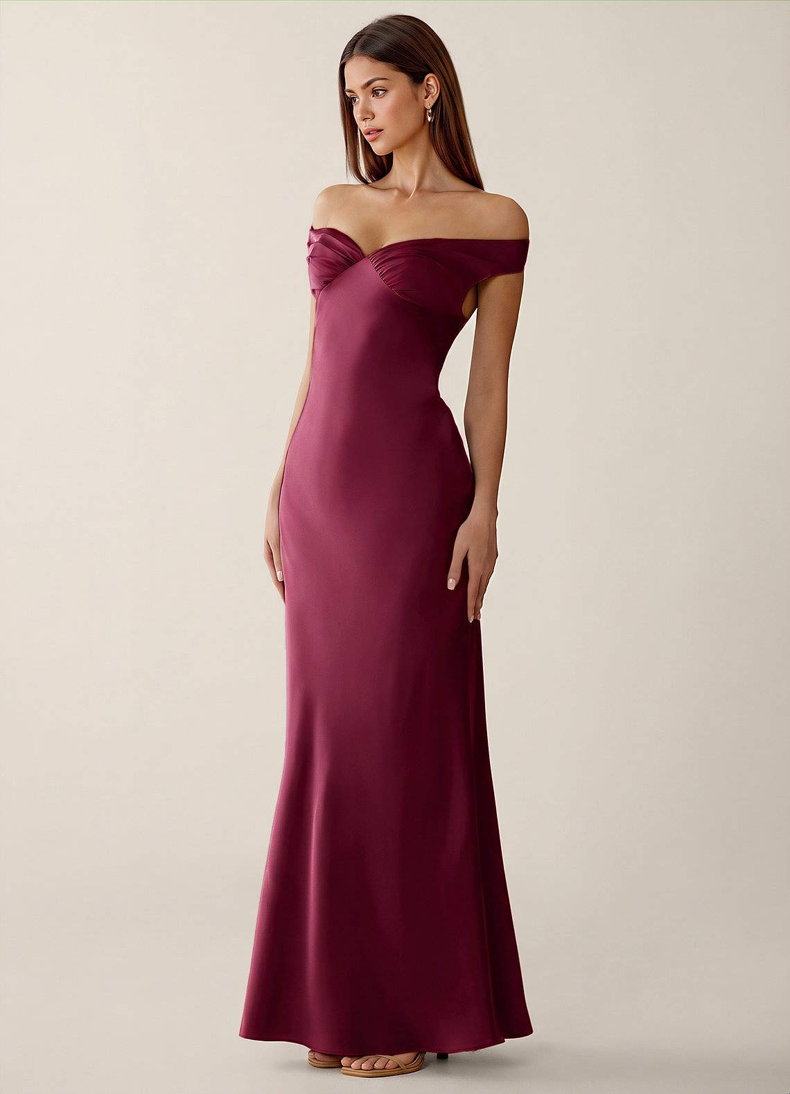 Gwendonme Sheath Off-the-Shoulder Satin Crystal Linen Evening Dress in Merlot