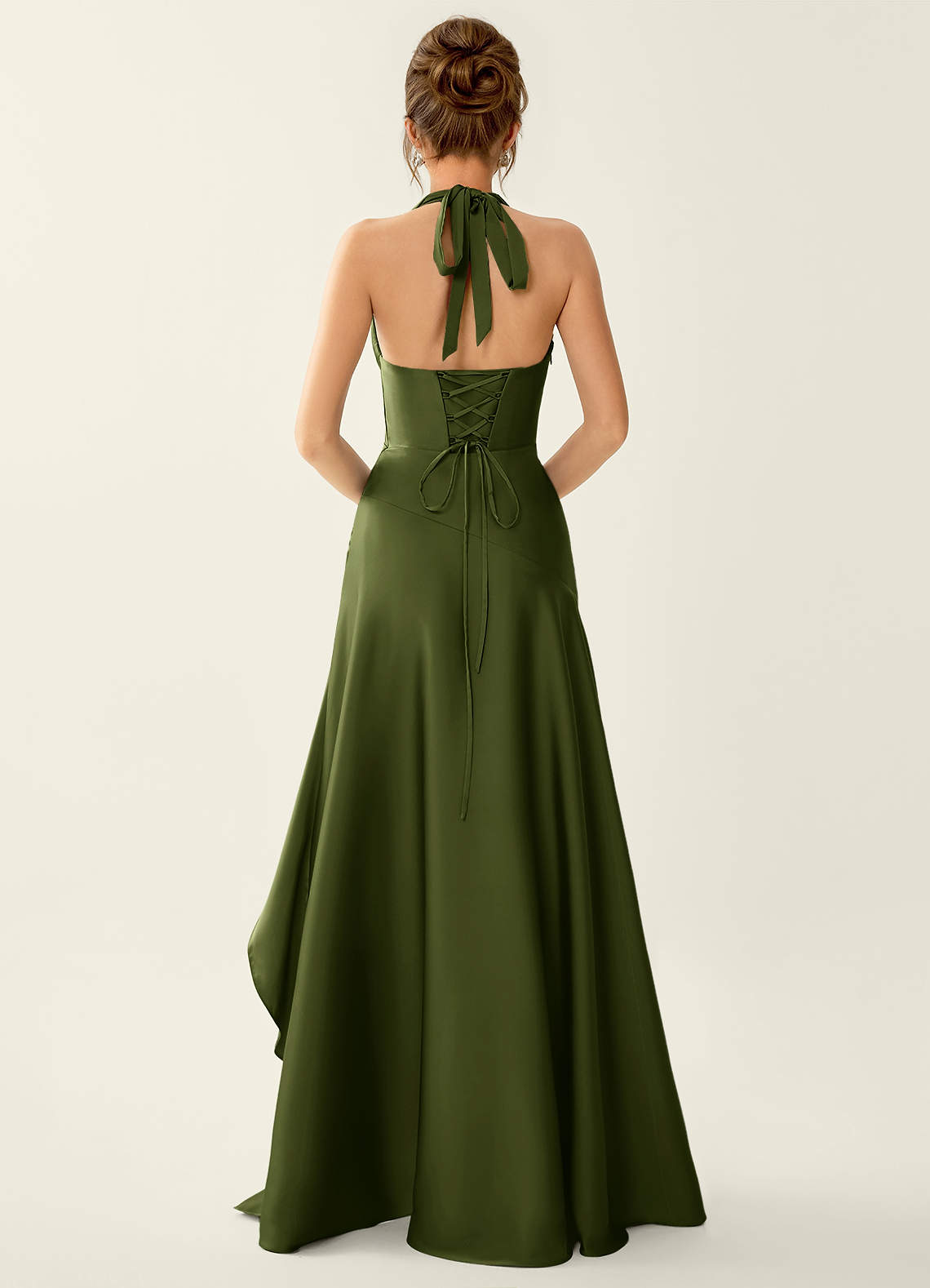 Titania Halter Asymmetric-Ruffle Satin Evening Dress in Olive
