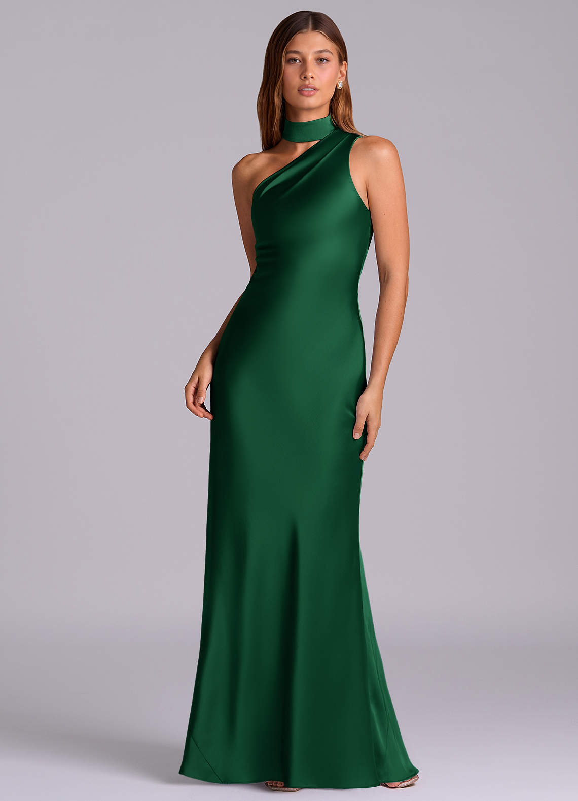 Seona Mermaid One-Shoulder Stretch Satin and Tulle Bridesmaid Dress in Dark Green