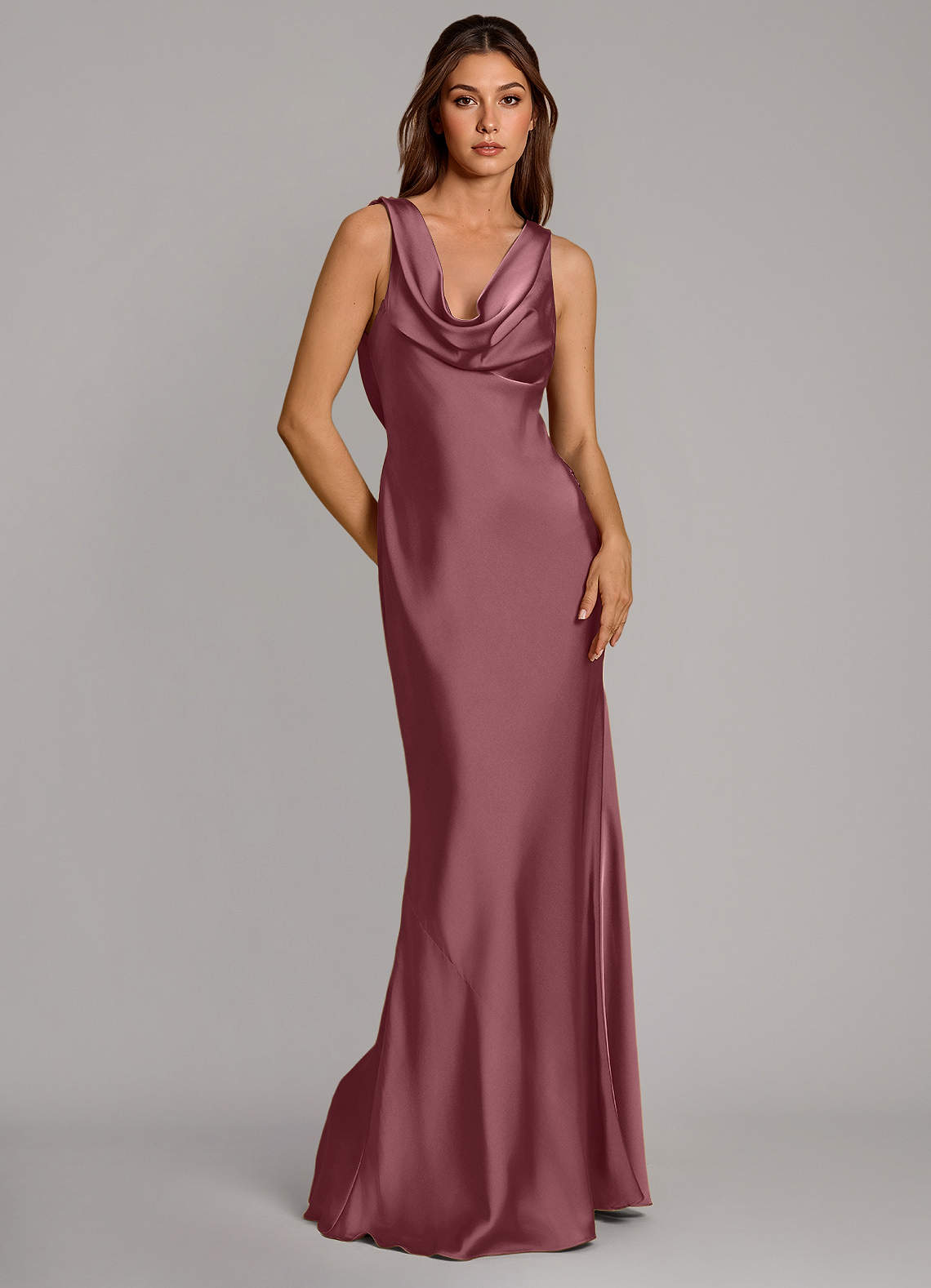 Cheryl Mermaid Cowl-Neck Stretch Satin Bridesmaid Dress in Desert Rose