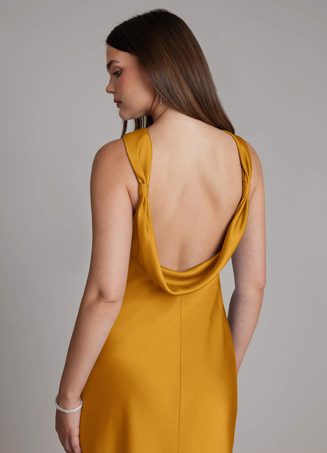 Dimitra Sheath Halter Stretch Satin Bridesmaid Dress in butterscotch