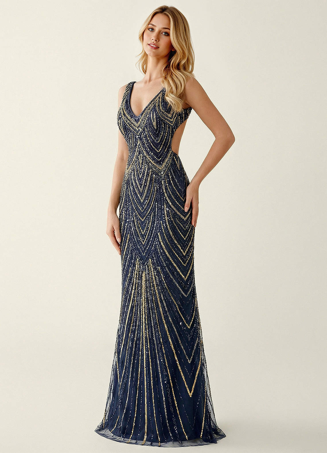 Hazelen Plunging V-Neck Chevron Sequin Tulle Evening Dress in Navy