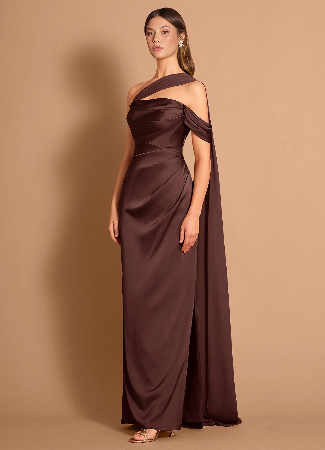 Meliora Asymmetric Strapless Chiffon-Drape Stretch Satin Evening Dress in Mocha Coco