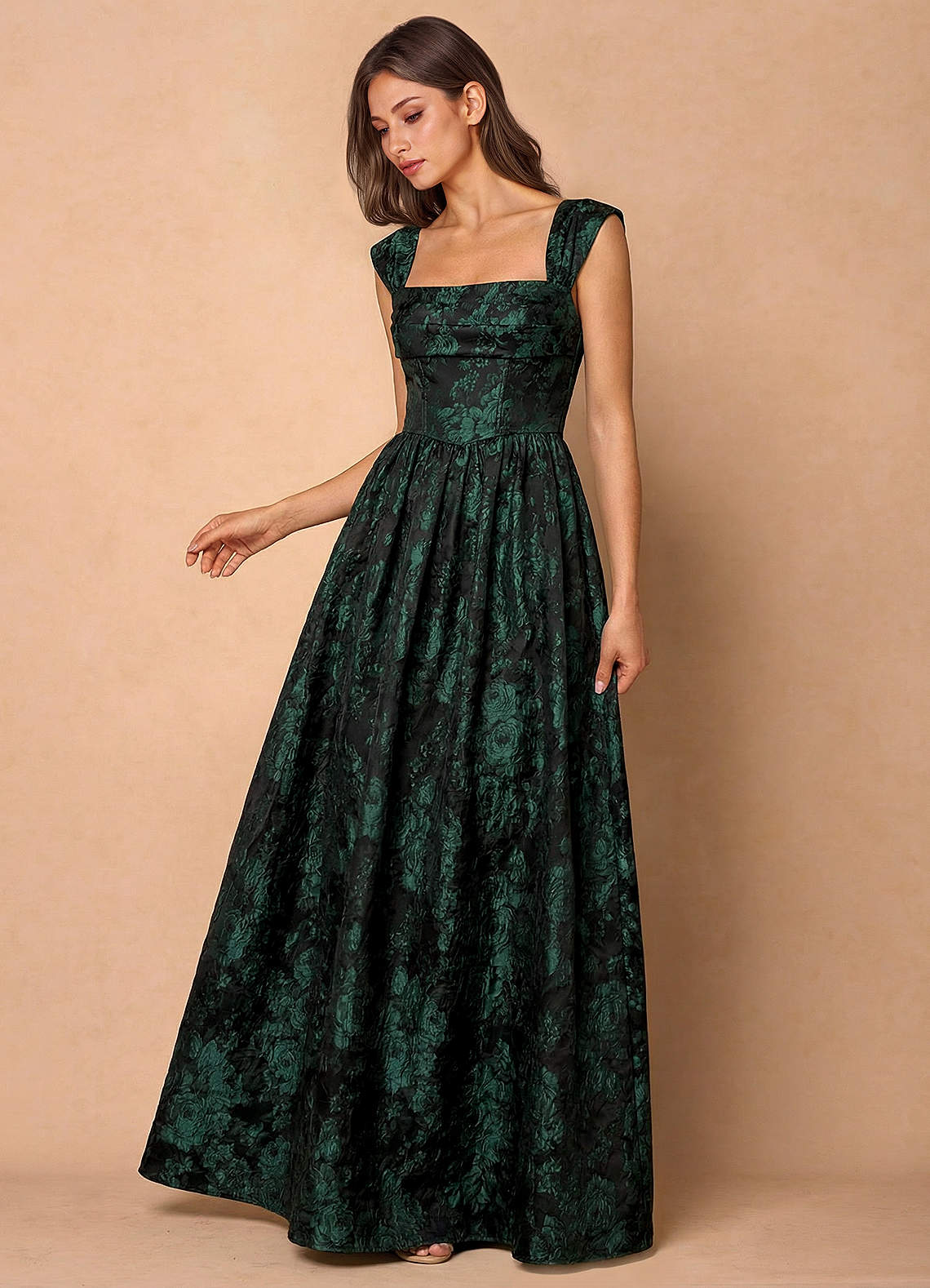 Runa Ball Gown Pleated Jacquard Taffeta Evening Dress in Emerald Black
