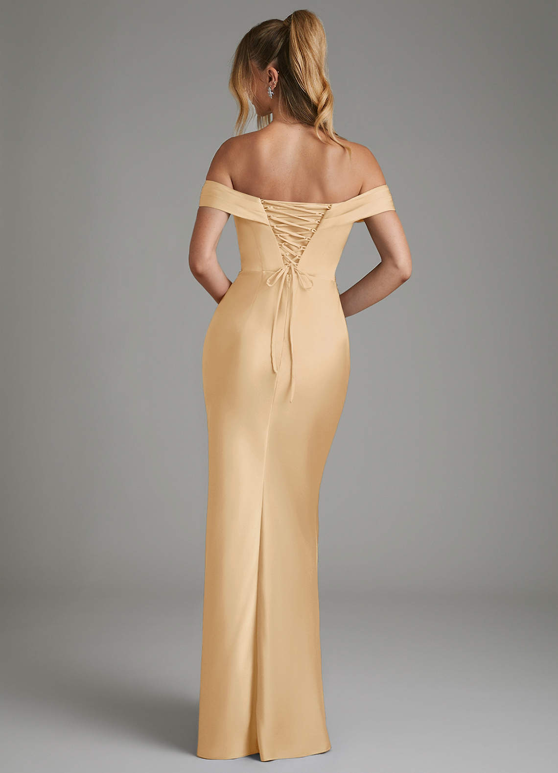 Hayden Mermaid Off-the-Shoulder Stretch Satin Bridesmaid Dress in Gold
