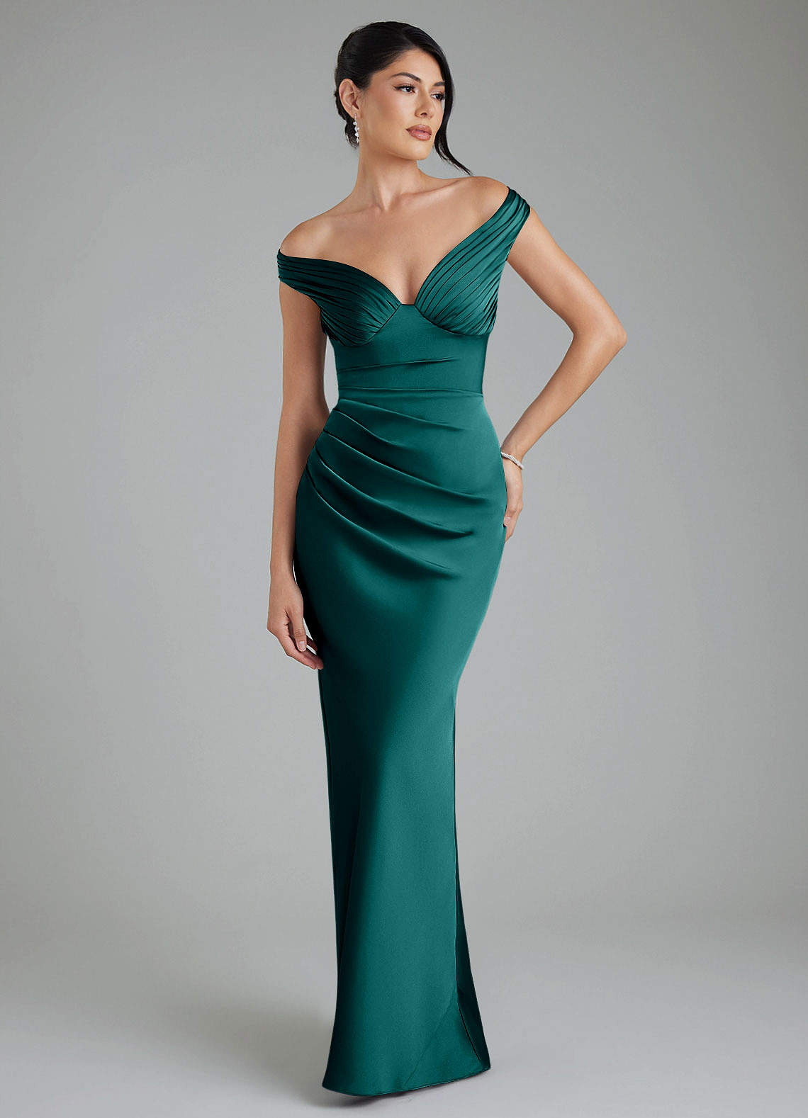 Stella Sheath V-Neck Stretch Satin Bridesmaid Dress in Peacock