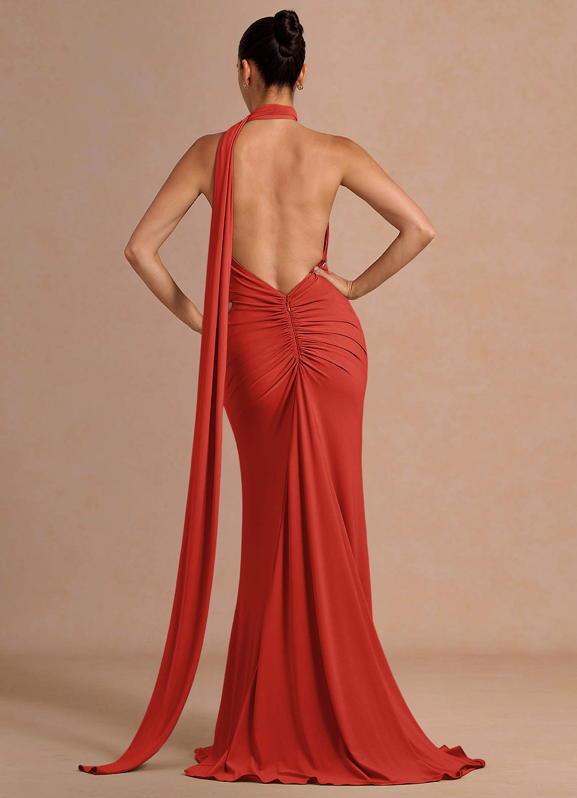 Miliani Sheath Neck-Tie Stretch Knit Evening Dress in Orange