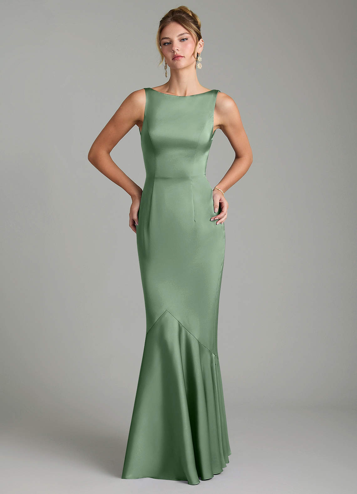 Tamera Mermaid Boat-Neck Stretch Satin and Chiffon Bridesmaid Dress in Matcha