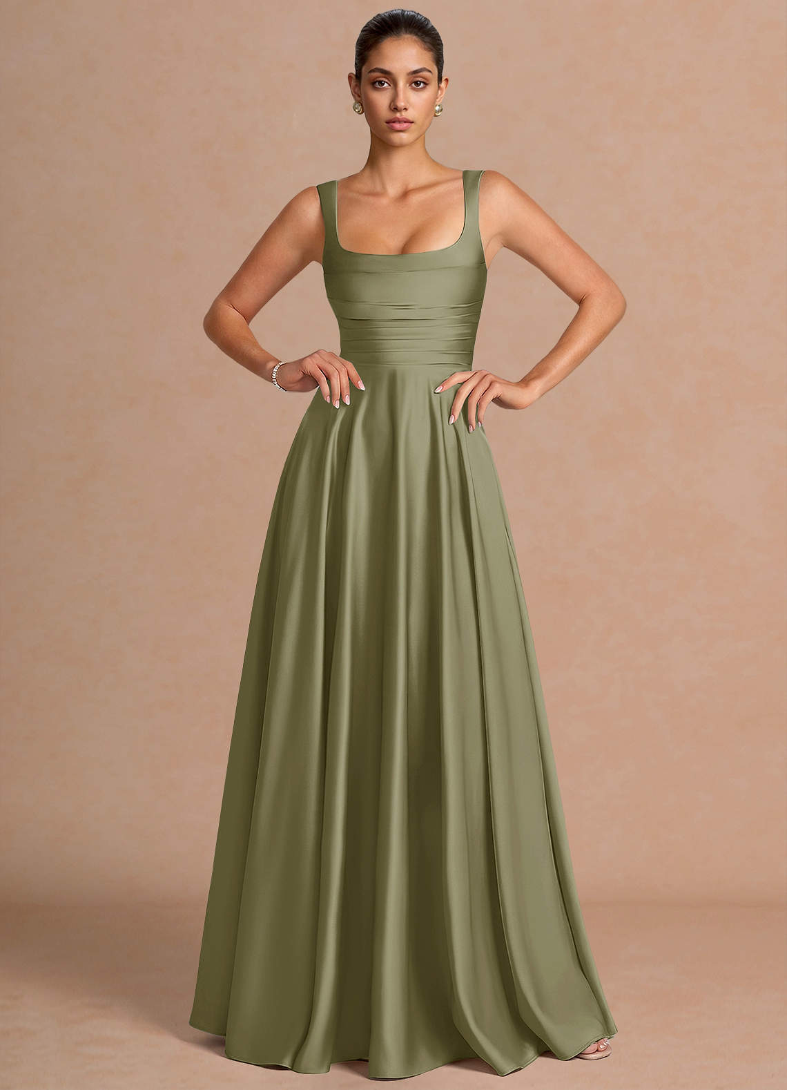 Azaria A-Line Square-Neck Stretch Satin Wedding Guest Dress in Pistachio