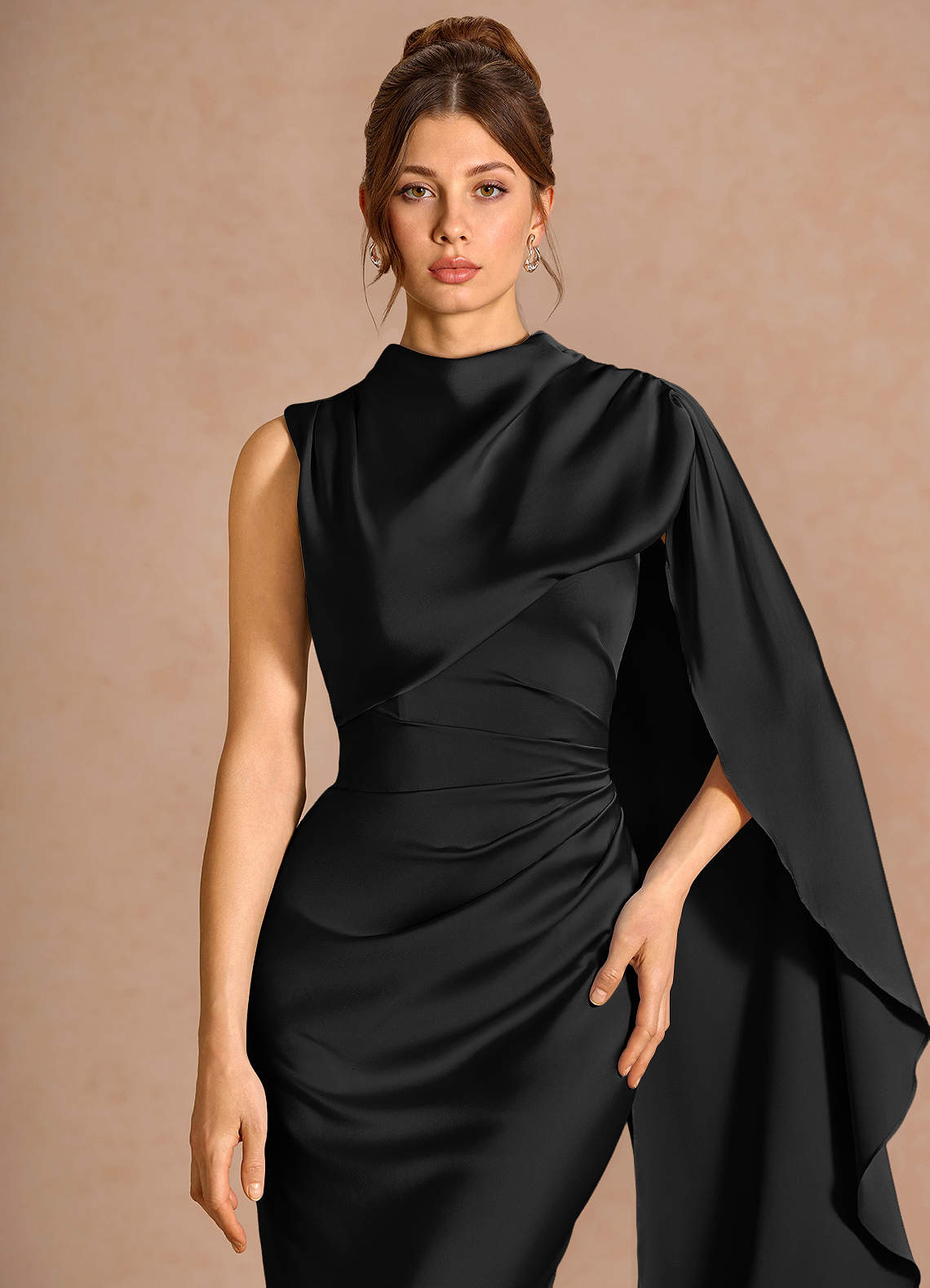 Chesney Cape-Sleeve Pleated Stretch Satin Wedding Guest Dress in black