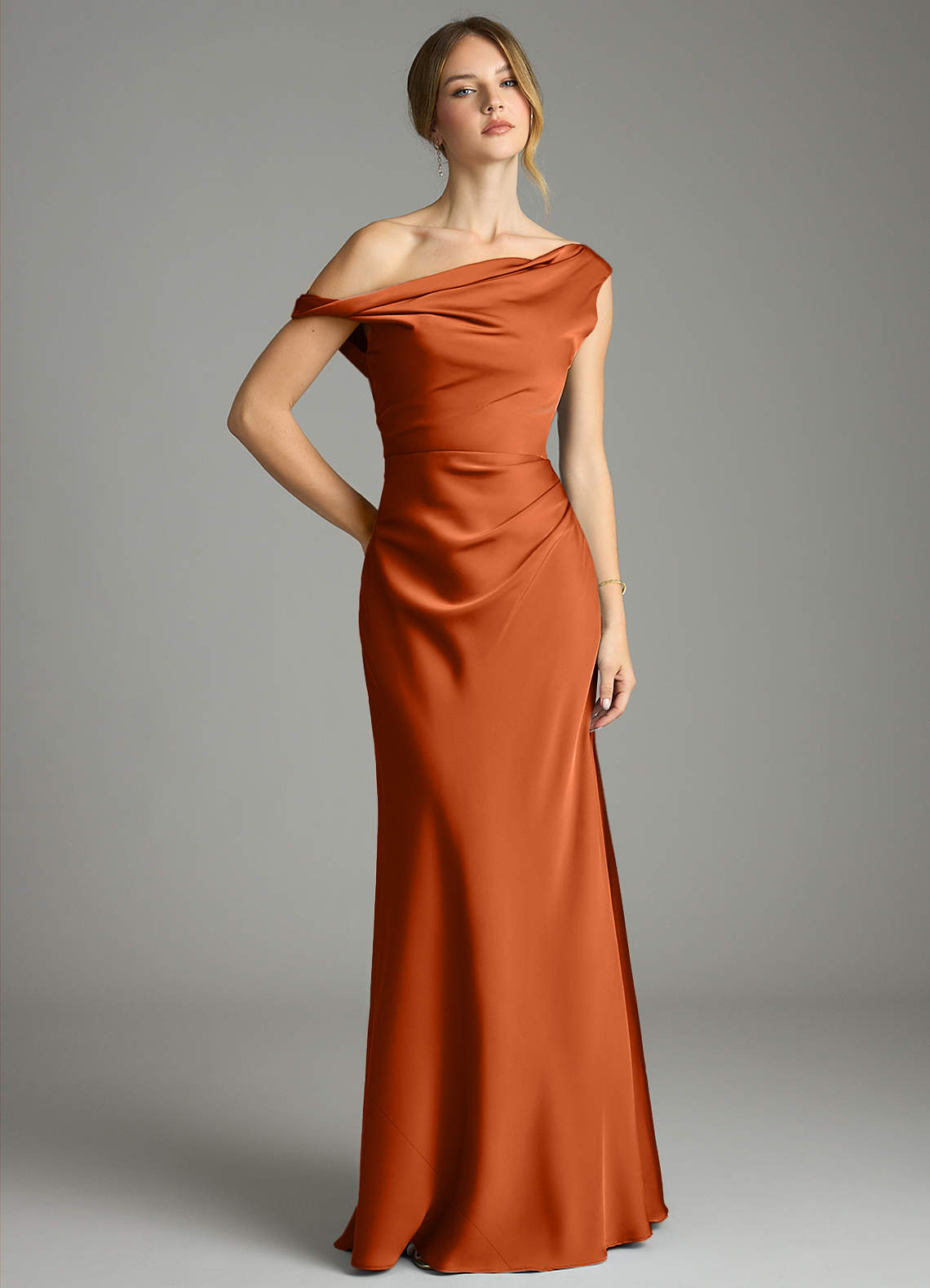 Emerson Mermaid One-Shoulder Stretch Satin Bridesmaid Dress in Burnt Orange